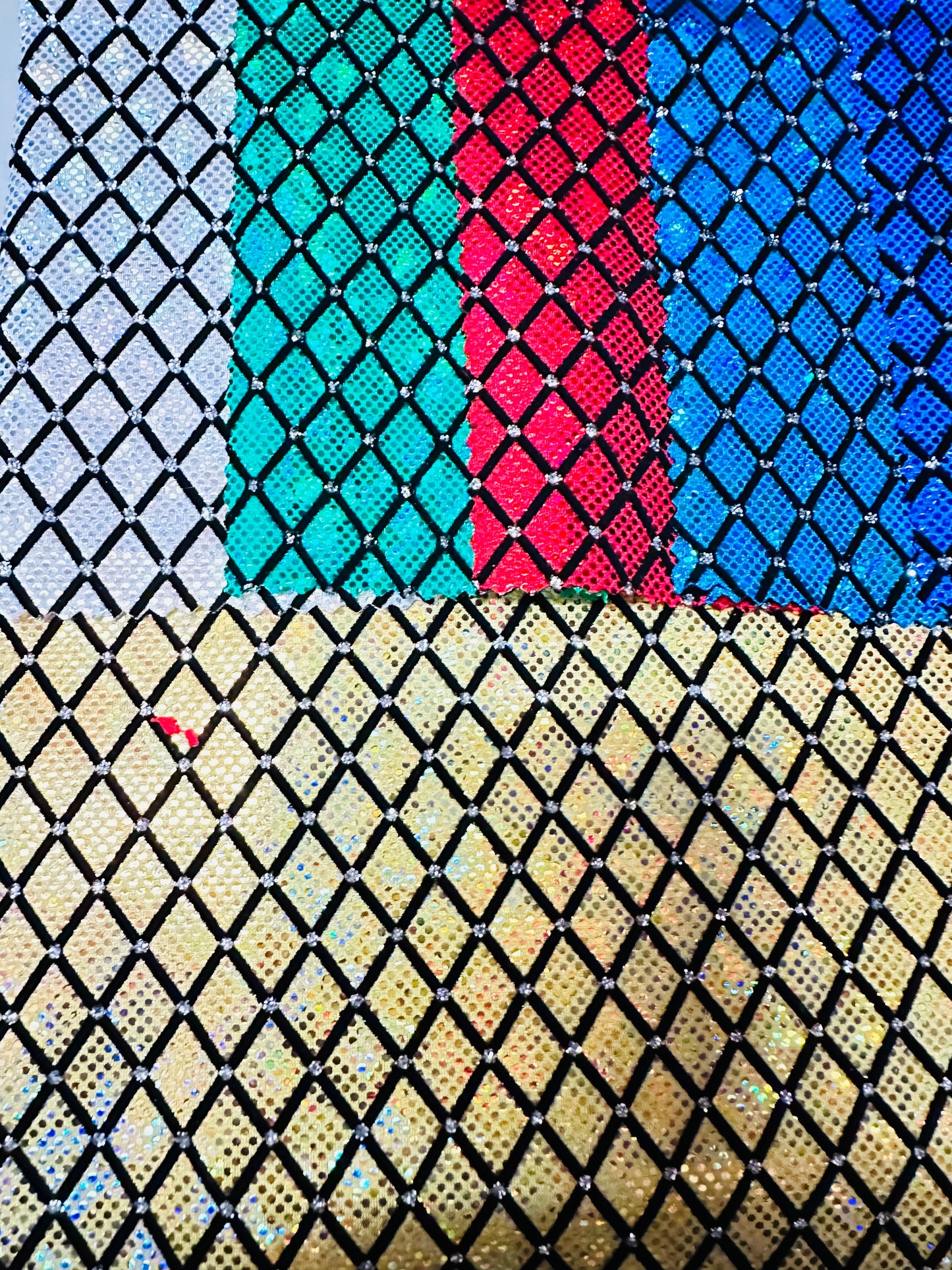 Luxury Diamond hologram shattered glass metallic nylon spandex with flocking 4-way stretch 58/60”