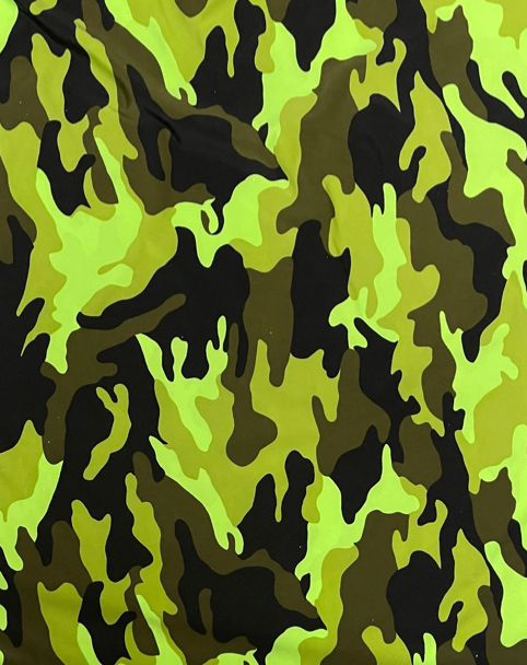 Camouflage design neon colors print on poly spandex 4-way stretch 58/60”