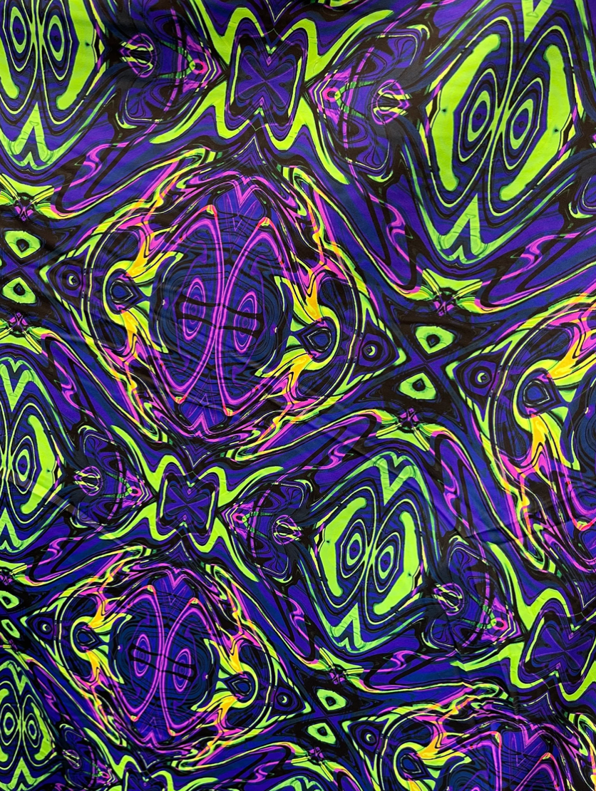 New abstract design purple/green print on best quality of nylon spandex 4-way stretch 58/60”