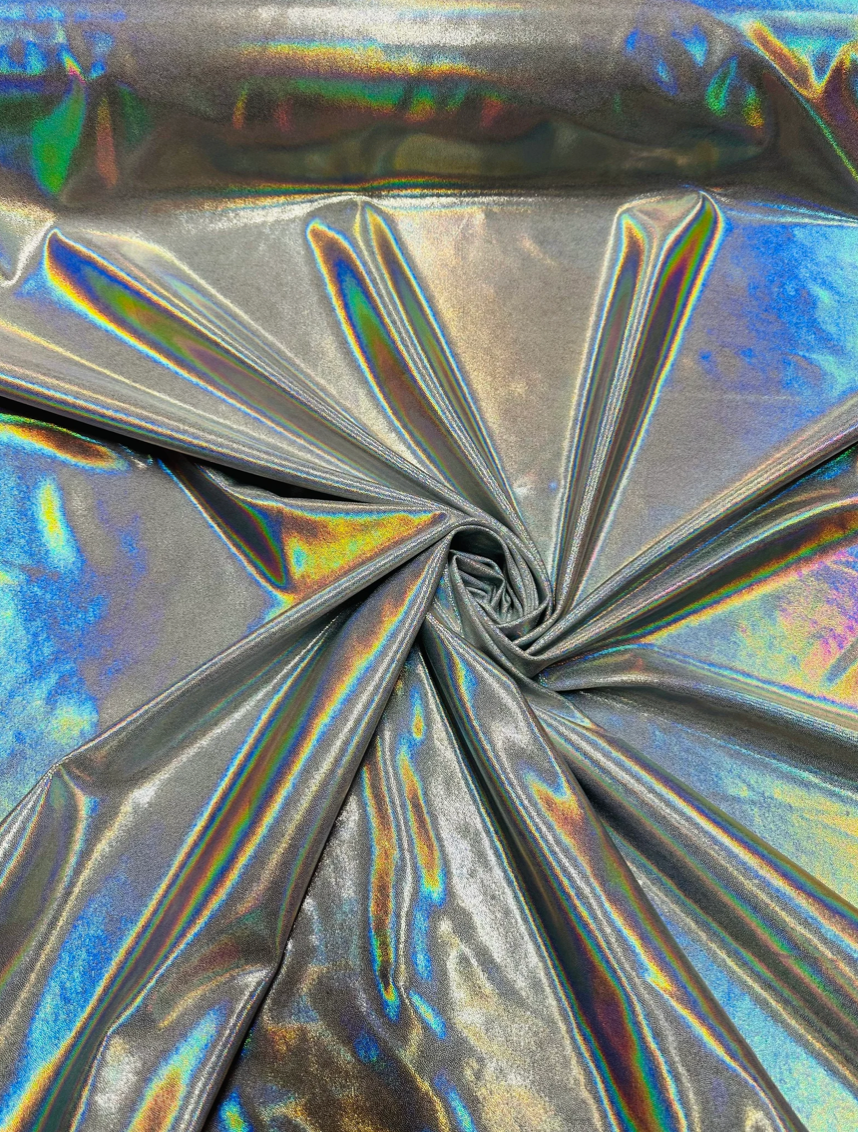 Oil slick design iridescent white silver foggy foil hologram metallic nylon spandex 4-way stretch 58/60”