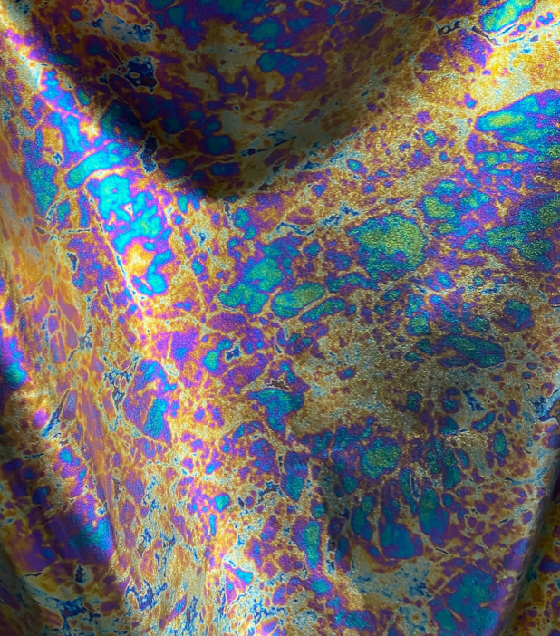 New Modern Lava design oil effect metallic nylon spandex all over foil 4-way 58/60”