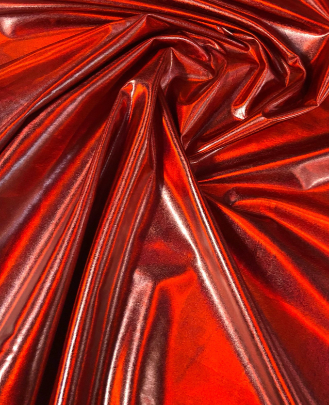 New iridescent red all over foil metallic nylon spandex 4way stretch 58/60"