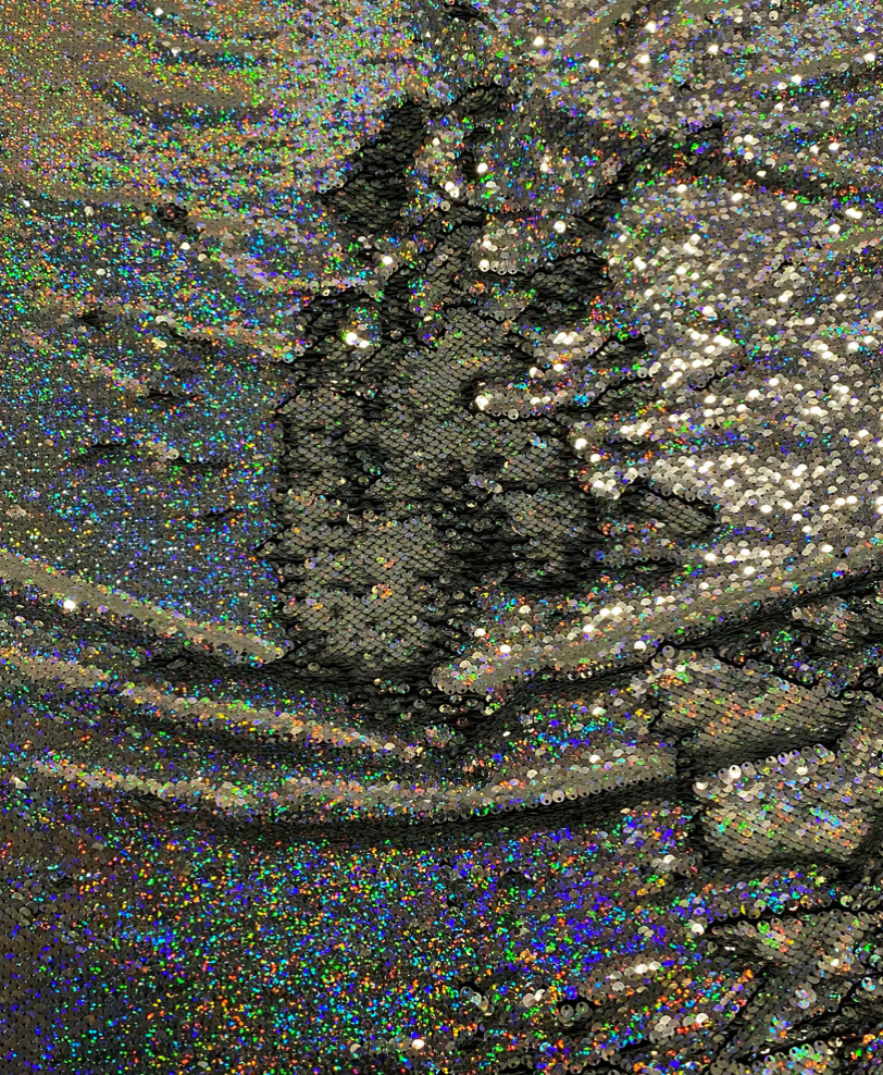 New hologram silver/silver reversible flip up sequins on spandex base 2-way stretch 58/60”