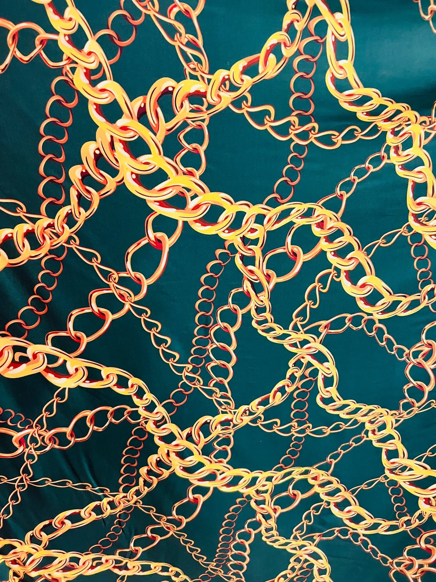 Gold chain design brand fashion style print on poly spandex 2-way stretch 58/60” Sold by the YD. Ships Worldwide from Los Angeles California