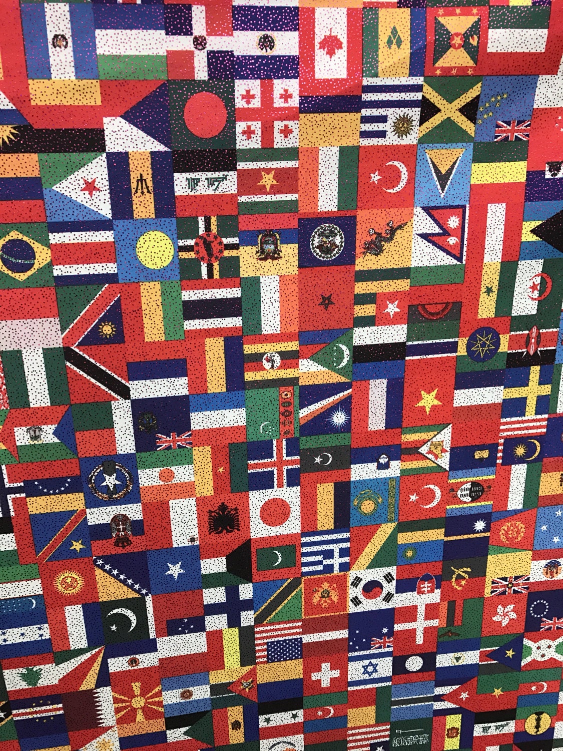 Multi flag design on nylon spandex 4way stretch with foggy foil all over 58/60" Sold by the Yd. Ships worldwide from Los Angeles California.