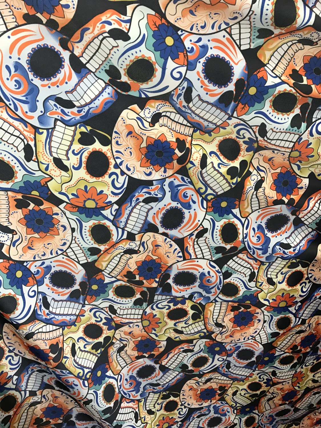 Skull design print on nylon Spandex 4way stretch 58/60" Sold by the yd. Ships worldwide from Los Angeles California USA