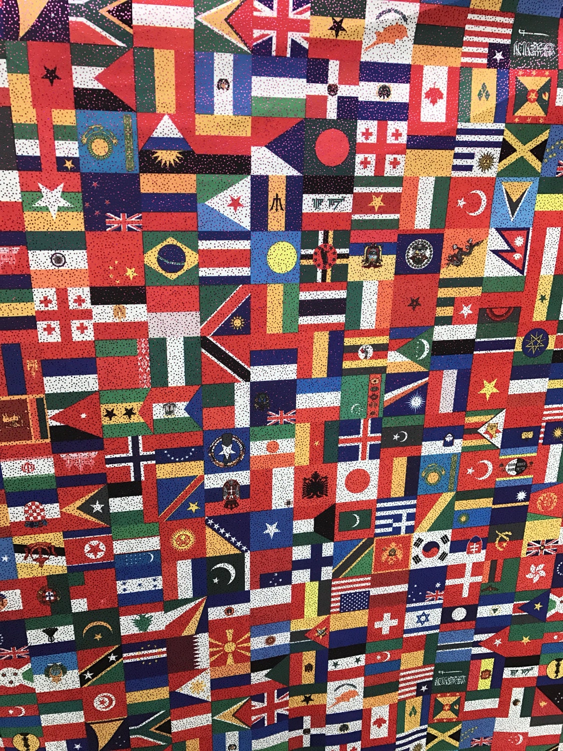 Multi flag design on nylon spandex 4way stretch with foggy foil all over 58/60" Sold by the Yd. Ships worldwide from Los Angeles California.