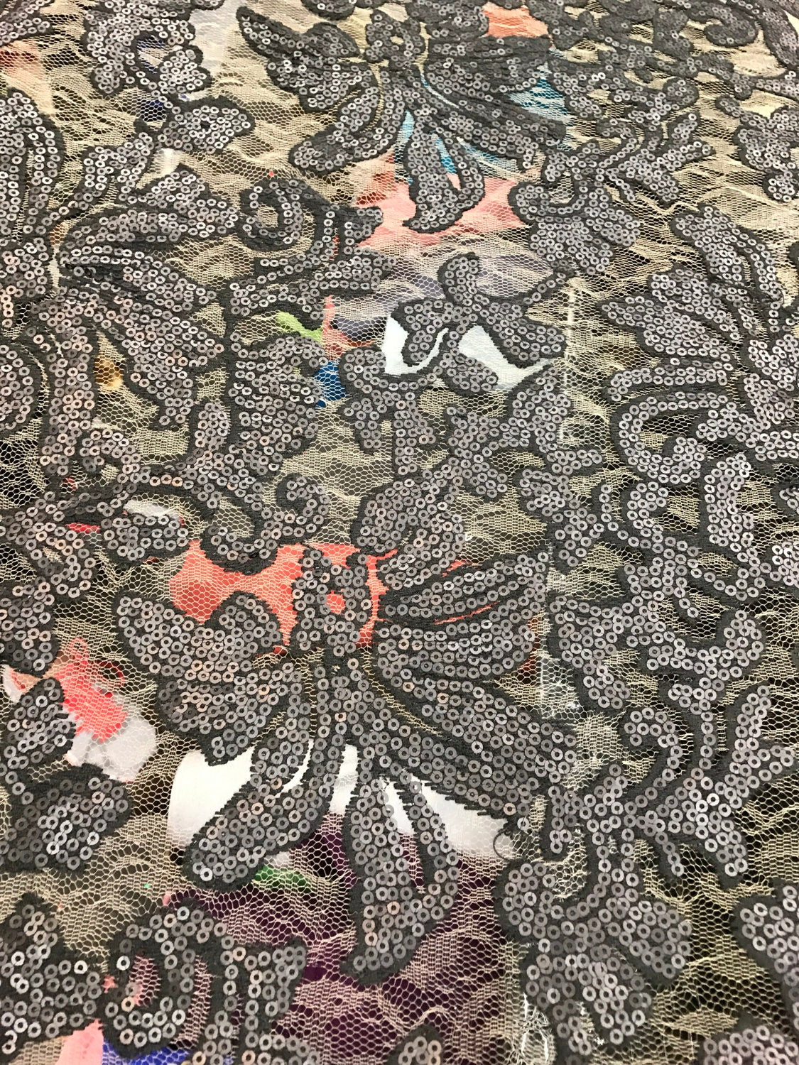 New lace with sequins beyonce design, nude base mesh with black matte design 54/55" Sold by the yd. ships worldwide from Los Angeles CA USA