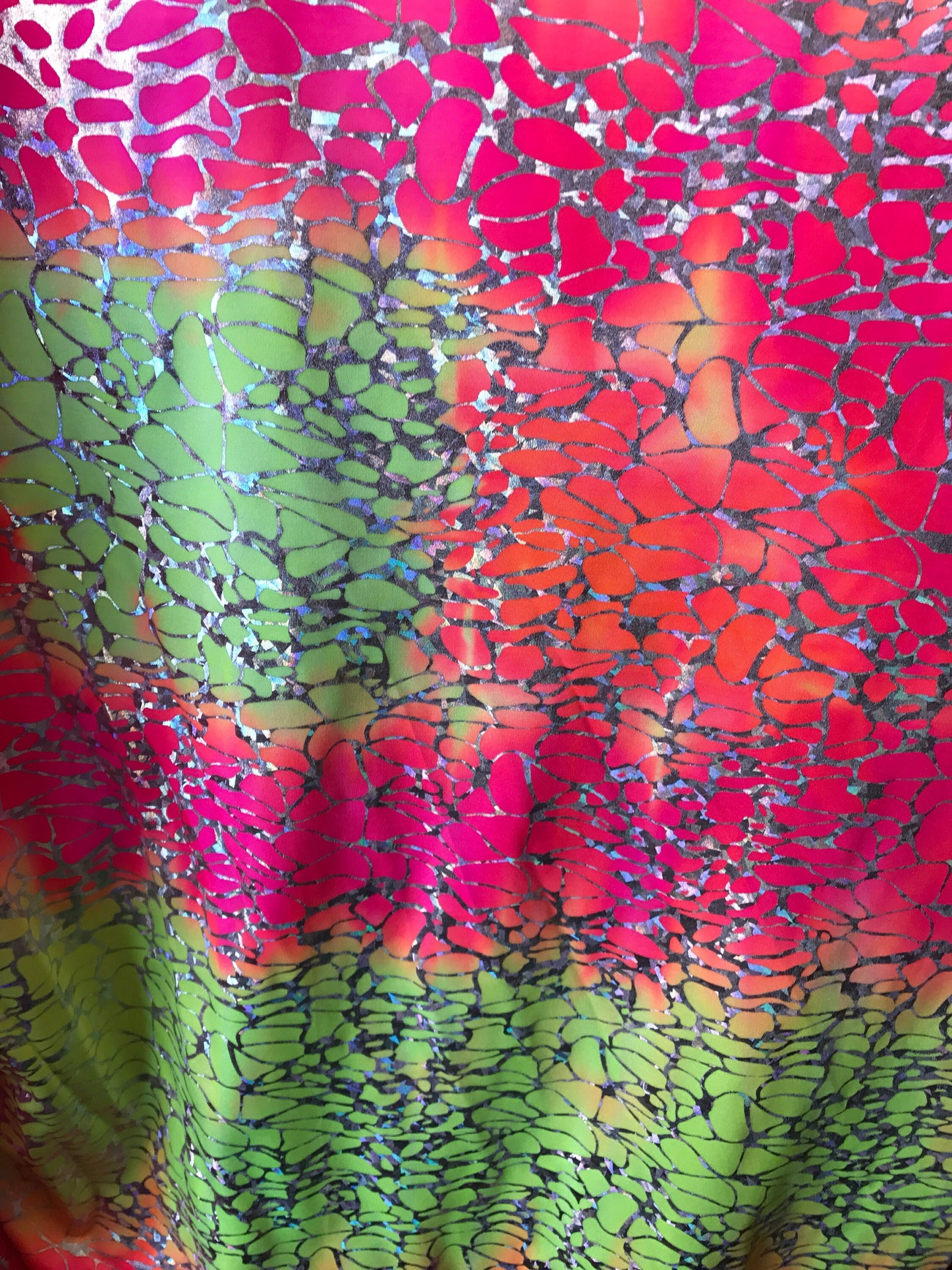 Tie dye Hologram metallic foil on nylon spandex 4way stretch 58/60" Sold by the YD. Ships worldwide from Los Angeles California USA