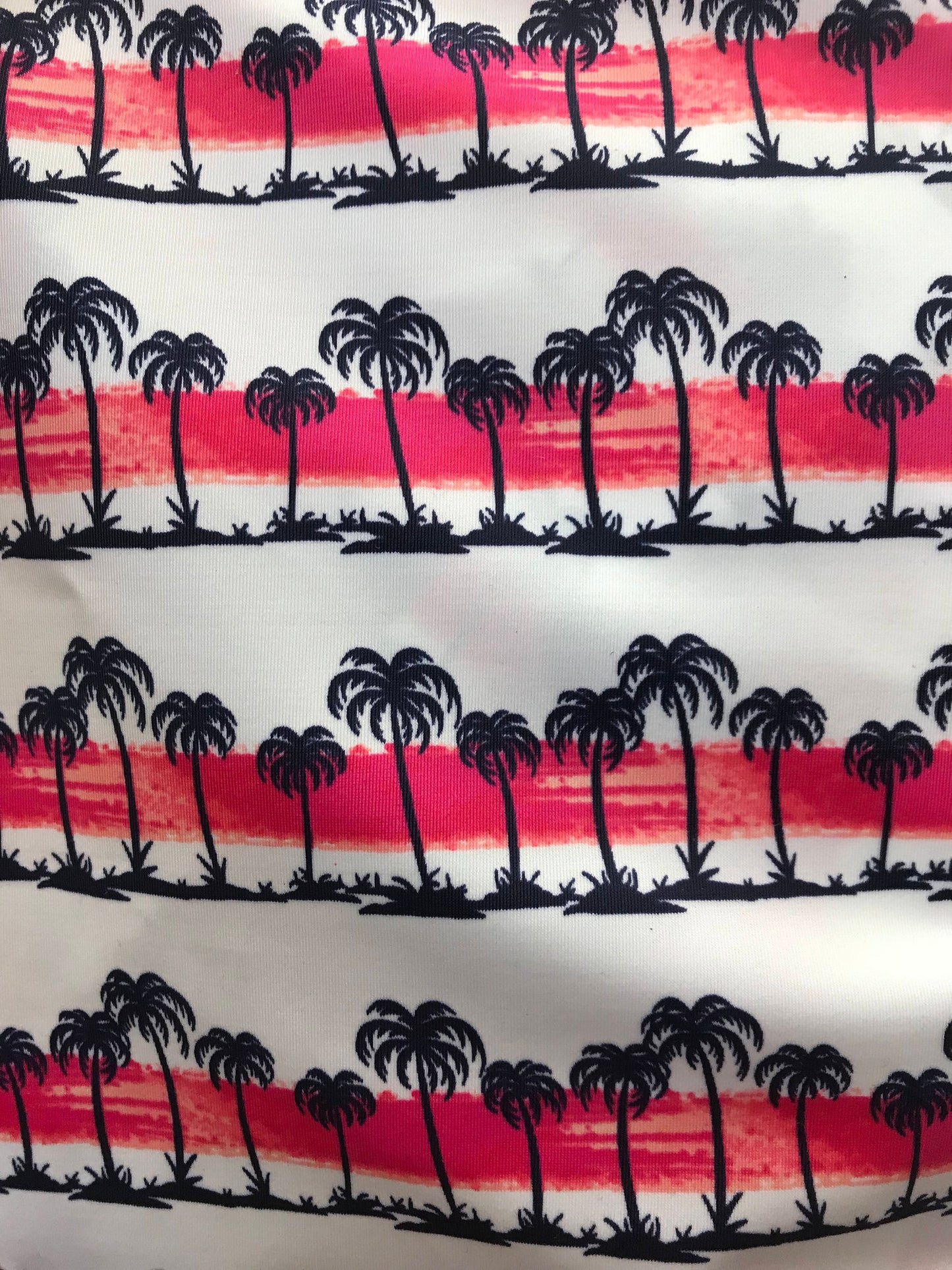 New palm tree design white/navy/pink 4way nylon spandex 58/60" Sold by the YD. Ships worldwide from Los Angeles California USA