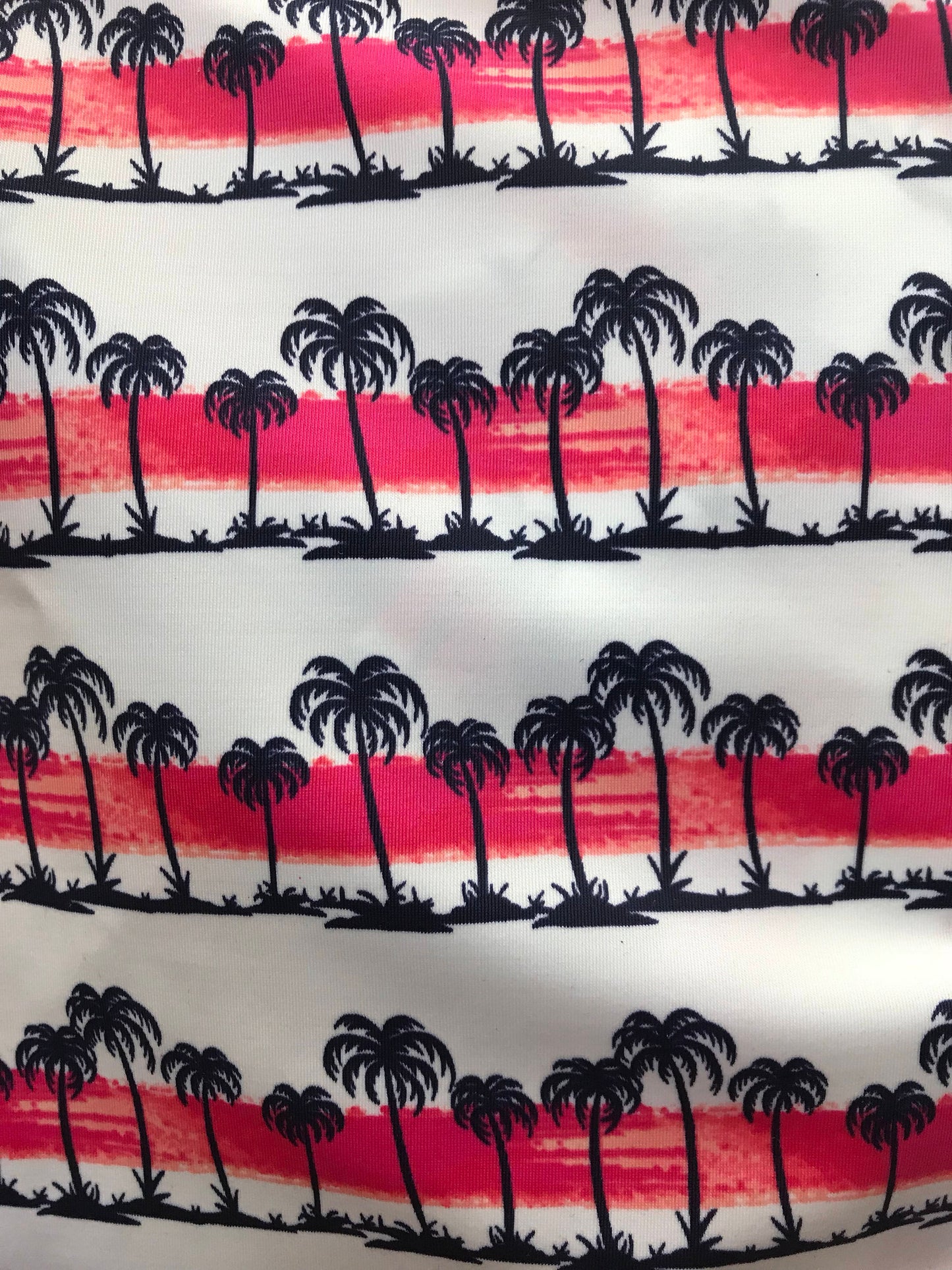 New palm tree design white/navy/pink 4way nylon spandex 58/60" Sold by the YD. Ships worldwide from Los Angeles California USA