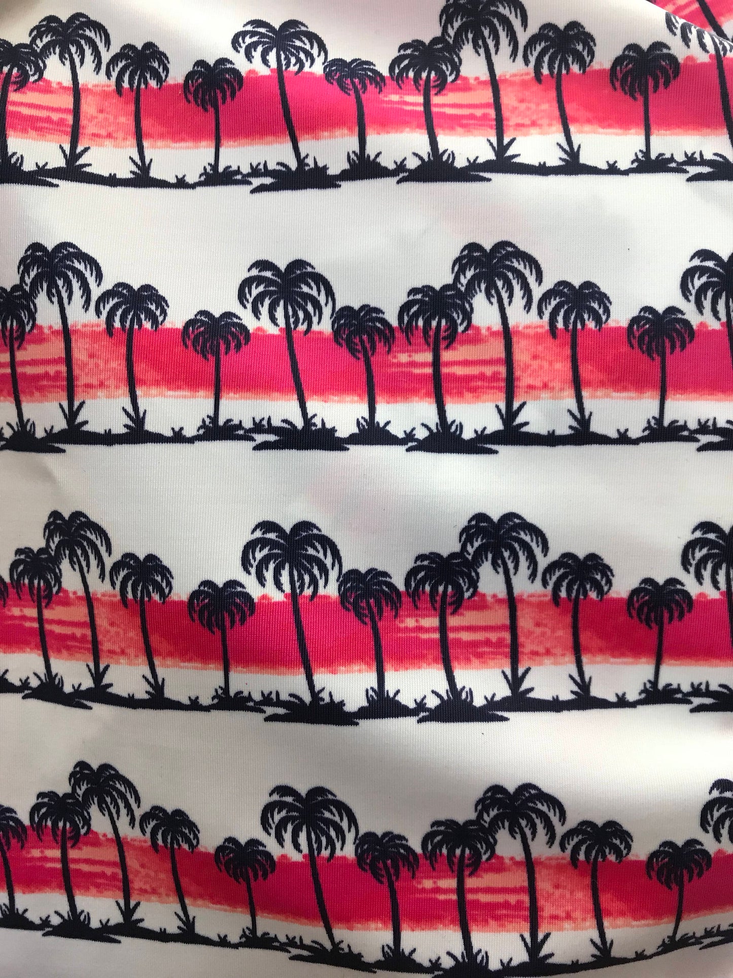 New palm tree design white/navy/pink 4way nylon spandex 58/60" Sold by the YD. Ships worldwide from Los Angeles California USA