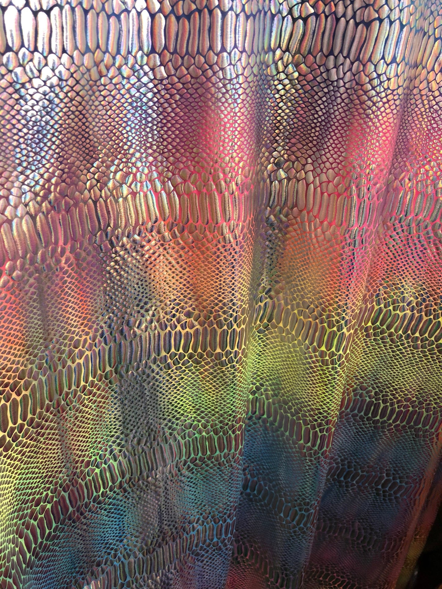 New rainbow hologram nylon spandex crocodile design 4way Stretch 58/60" Sold by the YD. Ships worldwide from Los Angeles California USA
