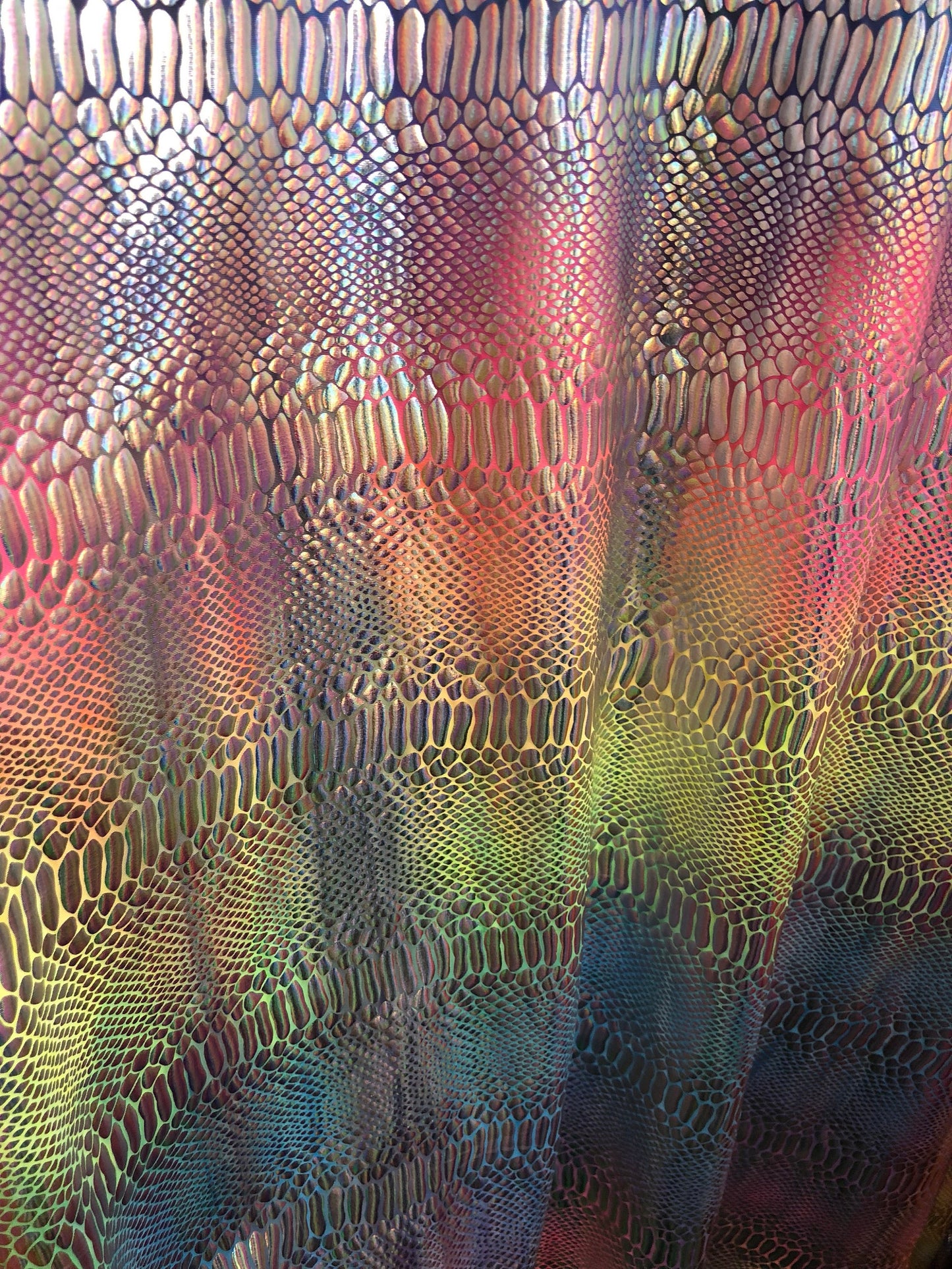 New rainbow hologram nylon spandex crocodile design 4way Stretch 58/60" Sold by the YD. Ships worldwide from Los Angeles California USA