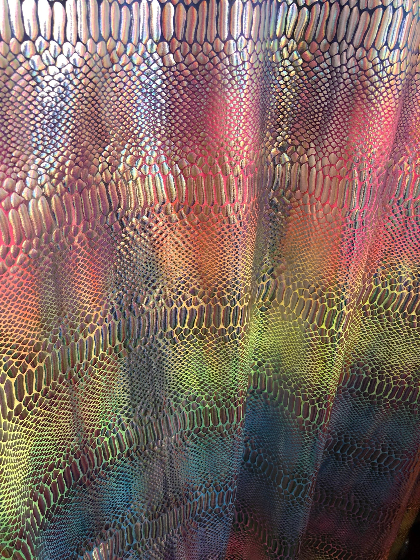 New rainbow hologram nylon spandex crocodile design 4way Stretch 58/60" Sold by the YD. Ships worldwide from Los Angeles California USA