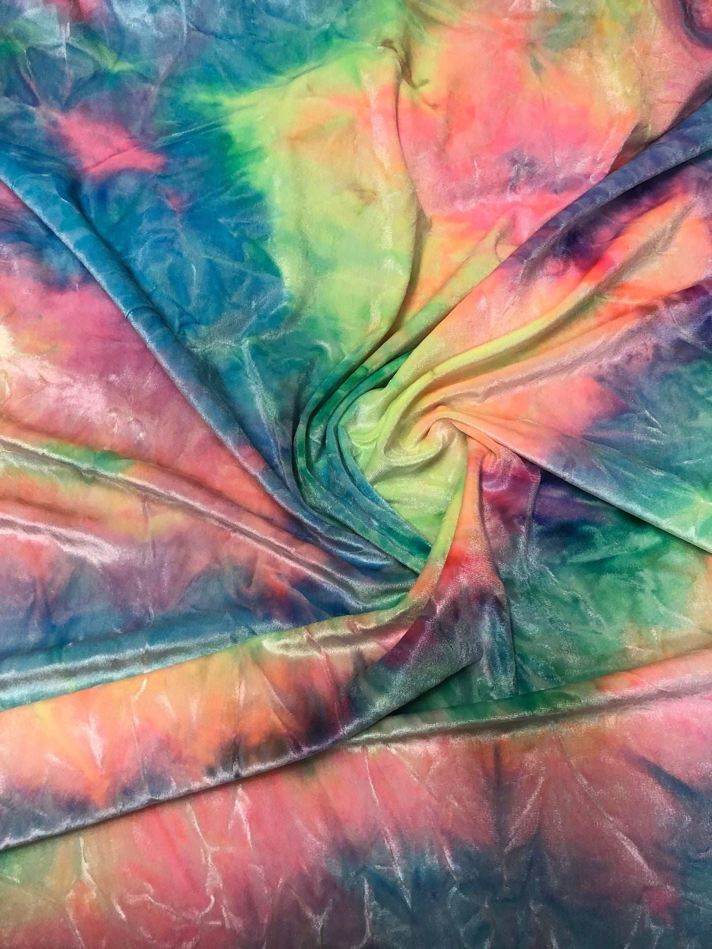 New tie dye heavy stretch velvet 4way Stretch 58/60" Sold by the YD. Ships worldwide feom Los Angeles California USA.