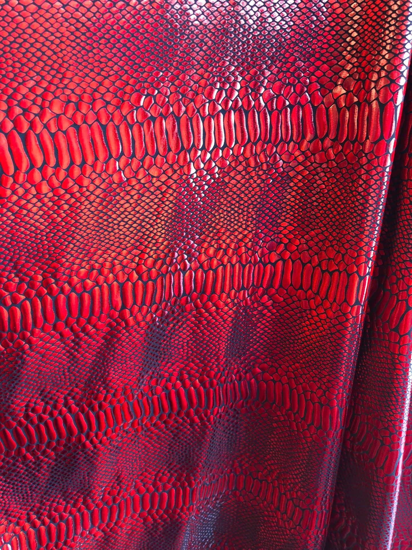 New snake Metallic nylon spandex iridescent black/red foil 4way Stretch 58/60" Sold by the YD. Ships Worldwide from Los Angeles CA USA