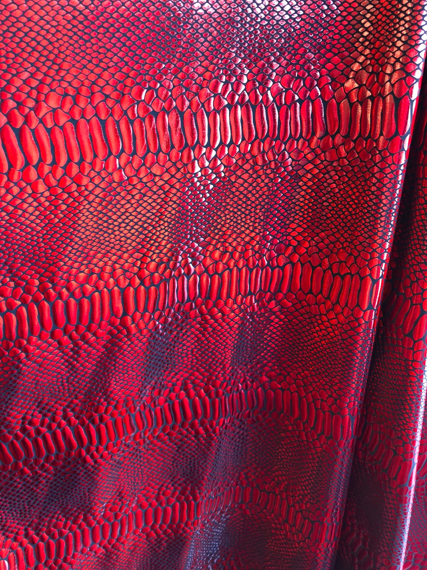 New snake Metallic nylon spandex iridescent black/red foil 4way Stretch 58/60" Sold by the YD. Ships Worldwide from Los Angeles CA USA