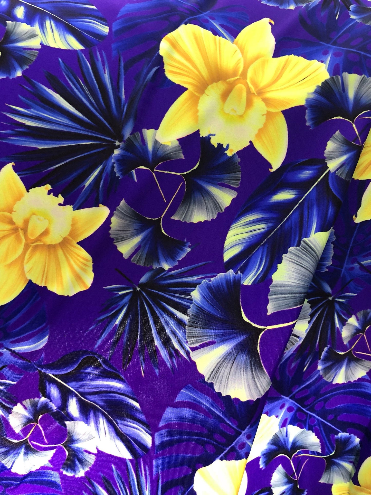 New Nylon spandex print hawaii design purple/yellow 4way Stretch 58/60" Sold by the YD. Ships Worldwide from Los Angeles California USA