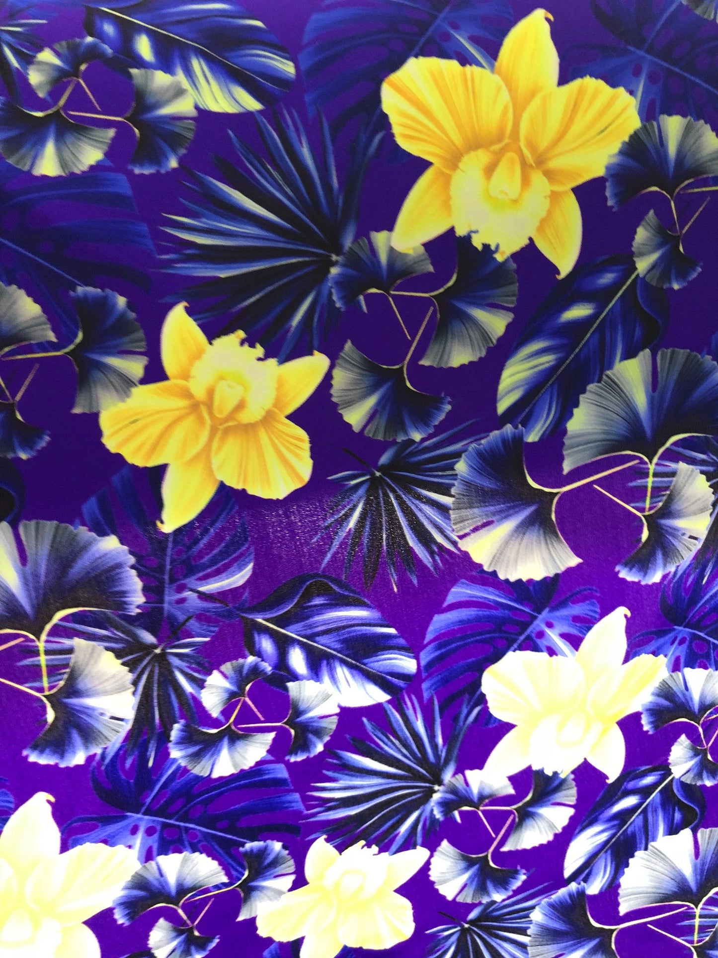 New Nylon spandex print hawaii design purple/yellow 4way Stretch 58/60" Sold by the YD. Ships Worldwide from Los Angeles California USA