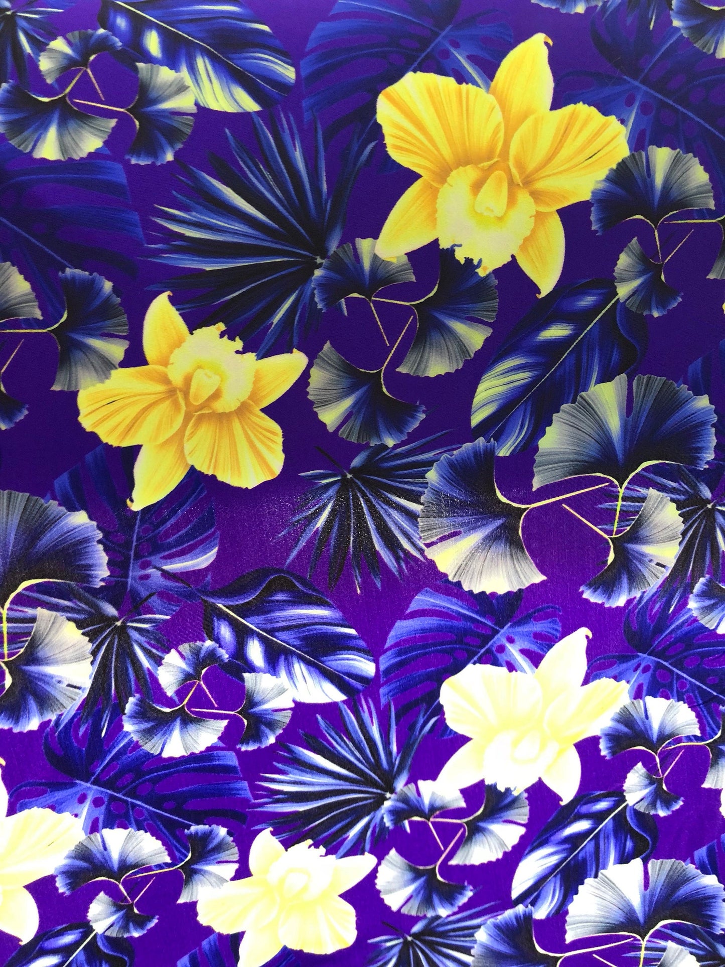 New Nylon spandex print hawaii design purple/yellow 4way Stretch 58/60" Sold by the YD. Ships Worldwide from Los Angeles California USA