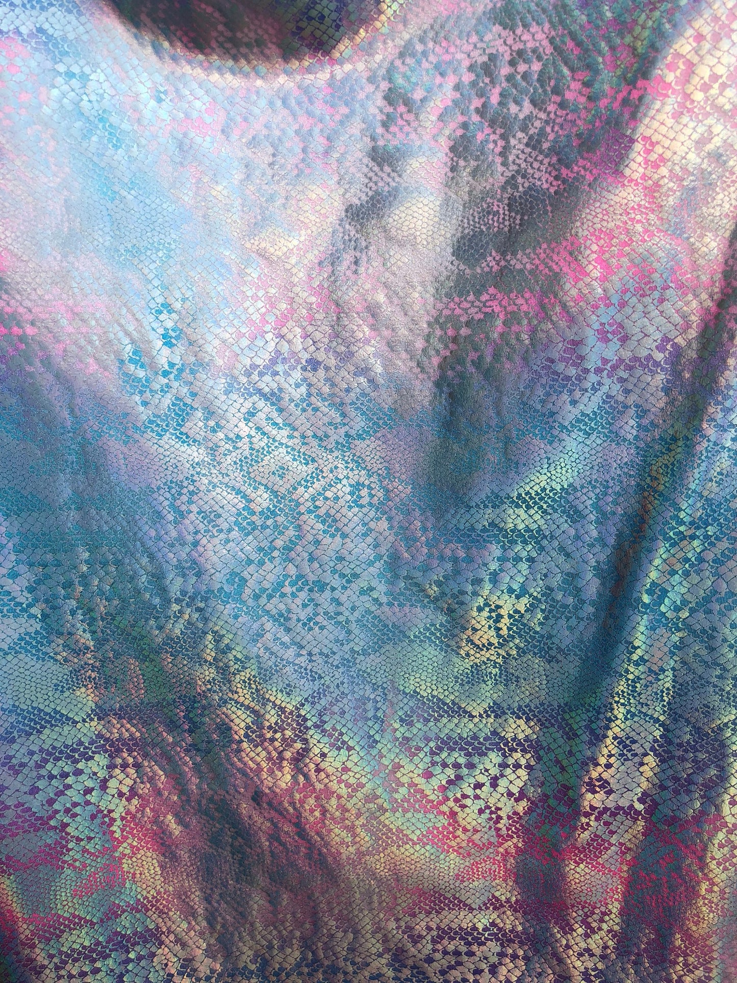 New metallic nylon spandex tie dye iridescent snake foil 4way stretch 58/60" Sold by the YD. Ships worldwide from Los Angeles California USA
