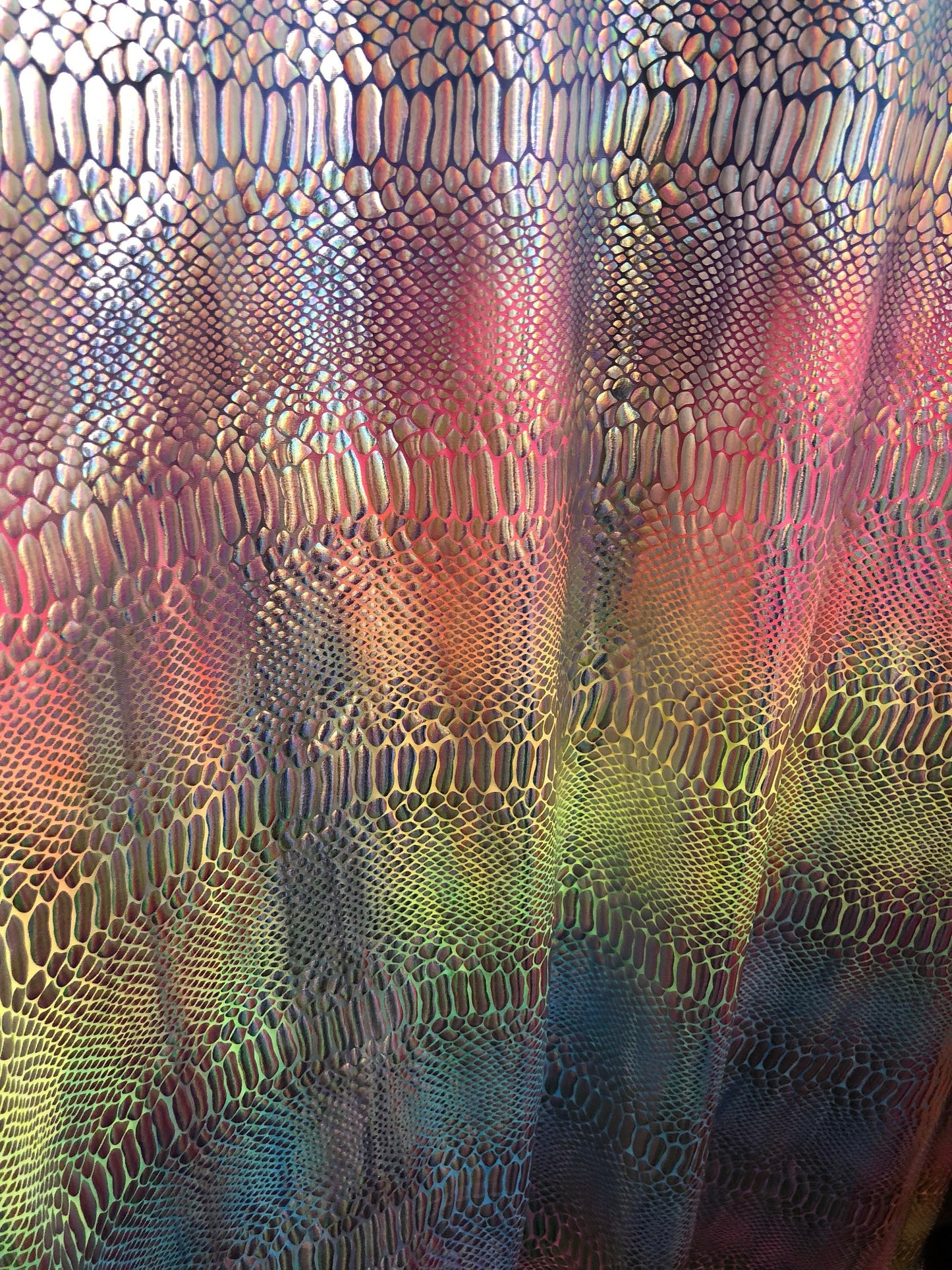 New rainbow hologram nylon spandex crocodile design 4way Stretch 58/60" Sold by the YD. Ships worldwide from Los Angeles California USA