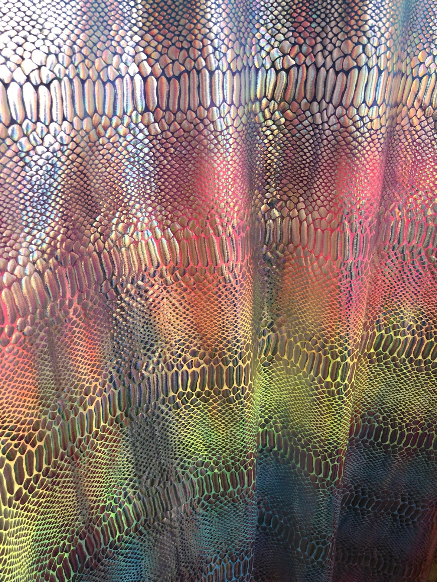 New rainbow hologram nylon spandex crocodile design 4way Stretch 58/60" Sold by the YD. Ships worldwide from Los Angeles California USA
