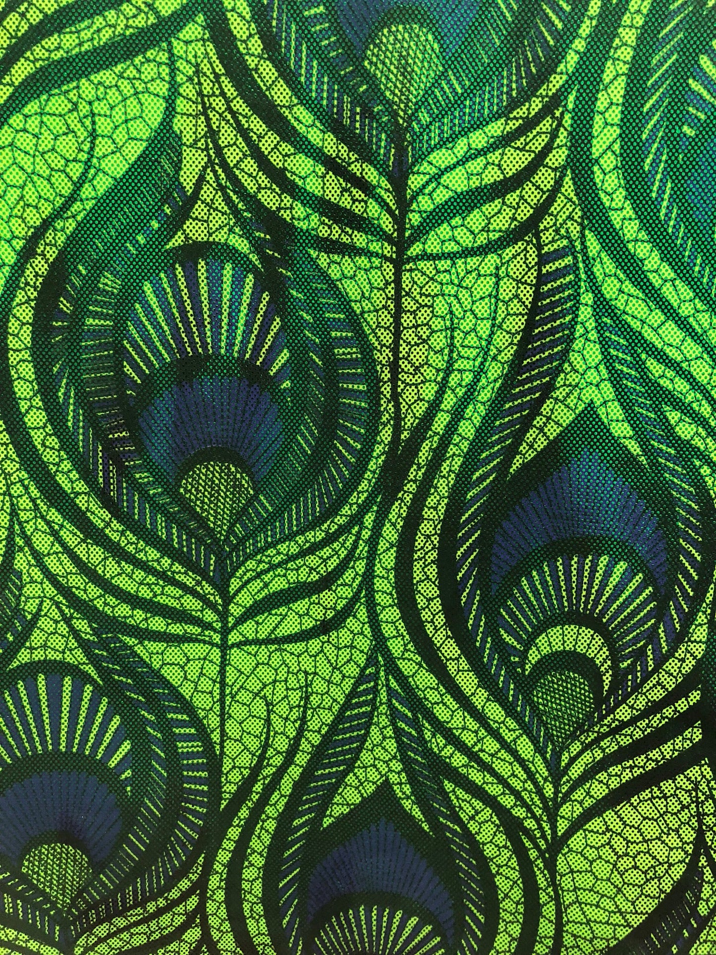 New nylon spandex peacock magic eye design with all over foil 4way stretch 58/60" Sold by the YD. Ships worldwide from Los Angeles CA USA.