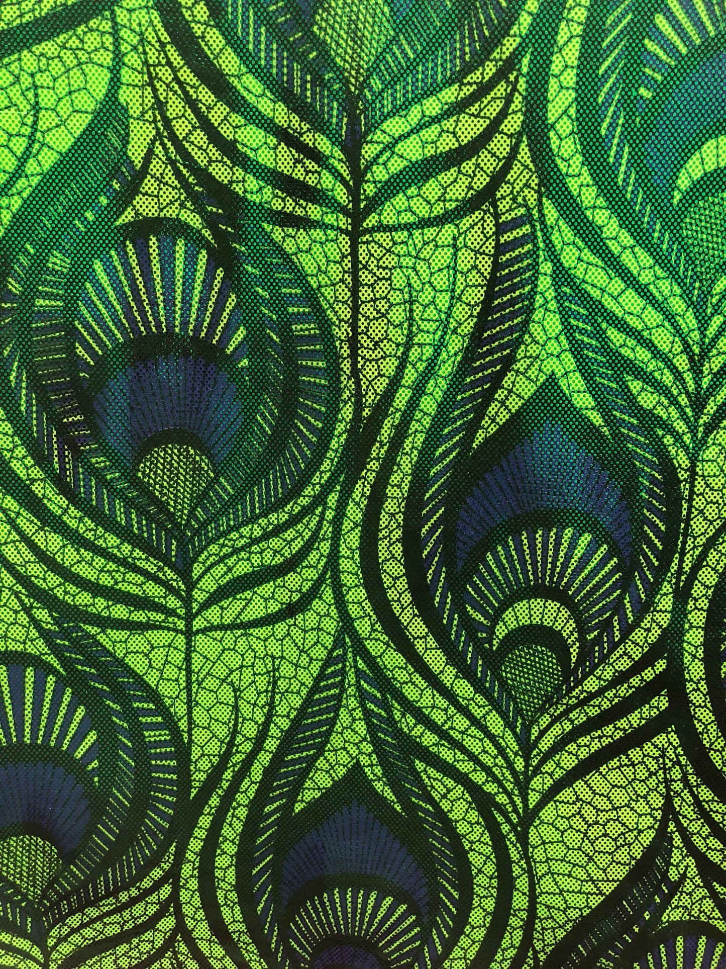 New nylon spandex peacock magic eye design with all over foil 4way stretch 58/60" Sold by the YD. Ships worldwide from Los Angeles CA USA.