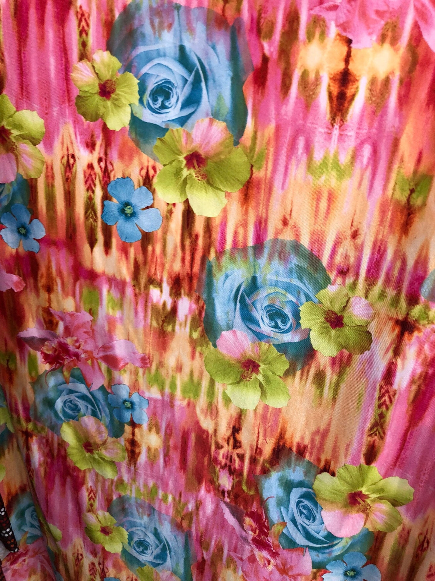 New print heavy nylon spandex Rose design multicolor 4way stretch 58/60" Sold by the YD. Ships worldwide from Los Angeles California USA.