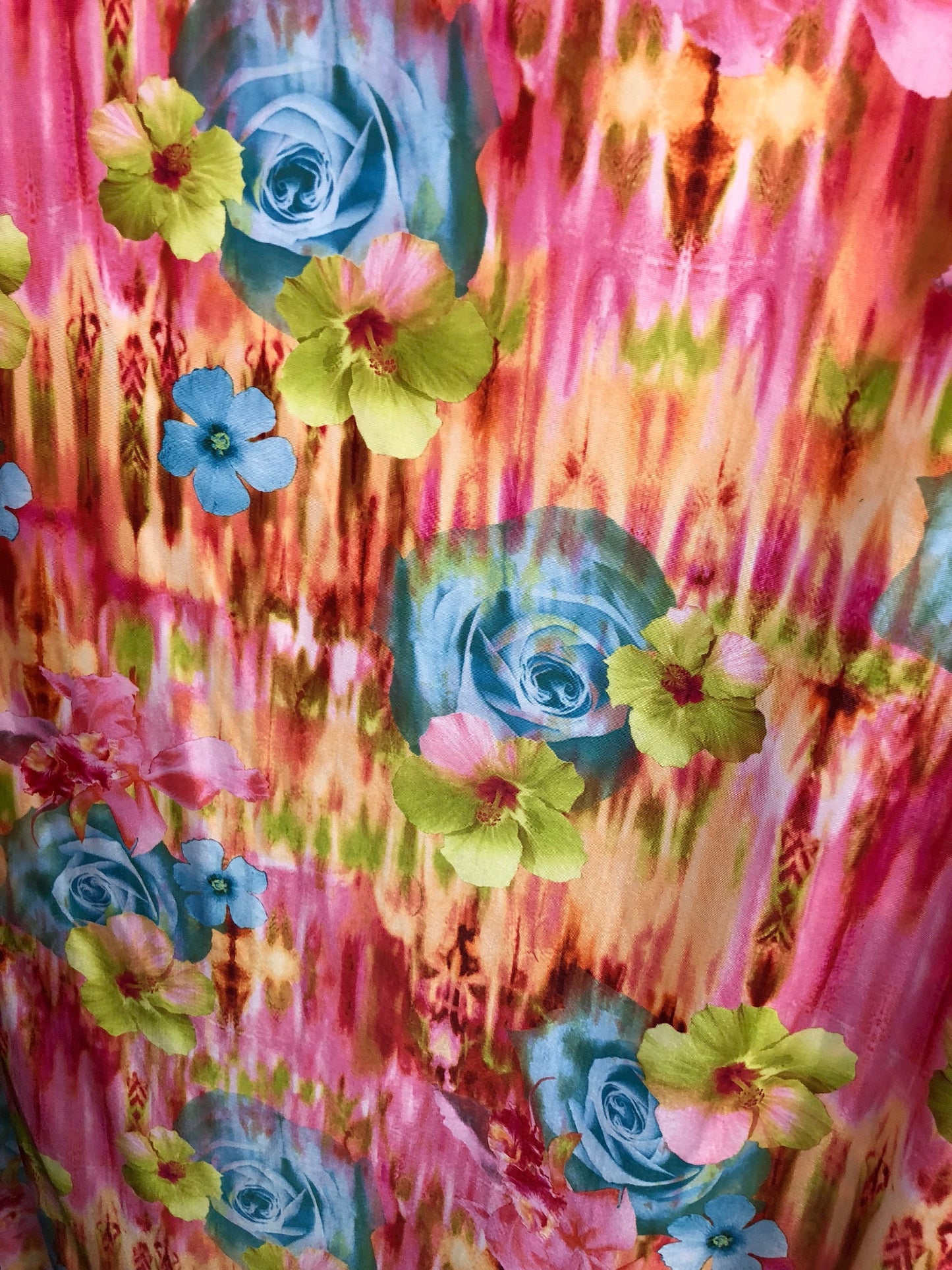 New print heavy nylon spandex Rose design multicolor 4way stretch 58/60" Sold by the YD. Ships worldwide from Los Angeles California USA.