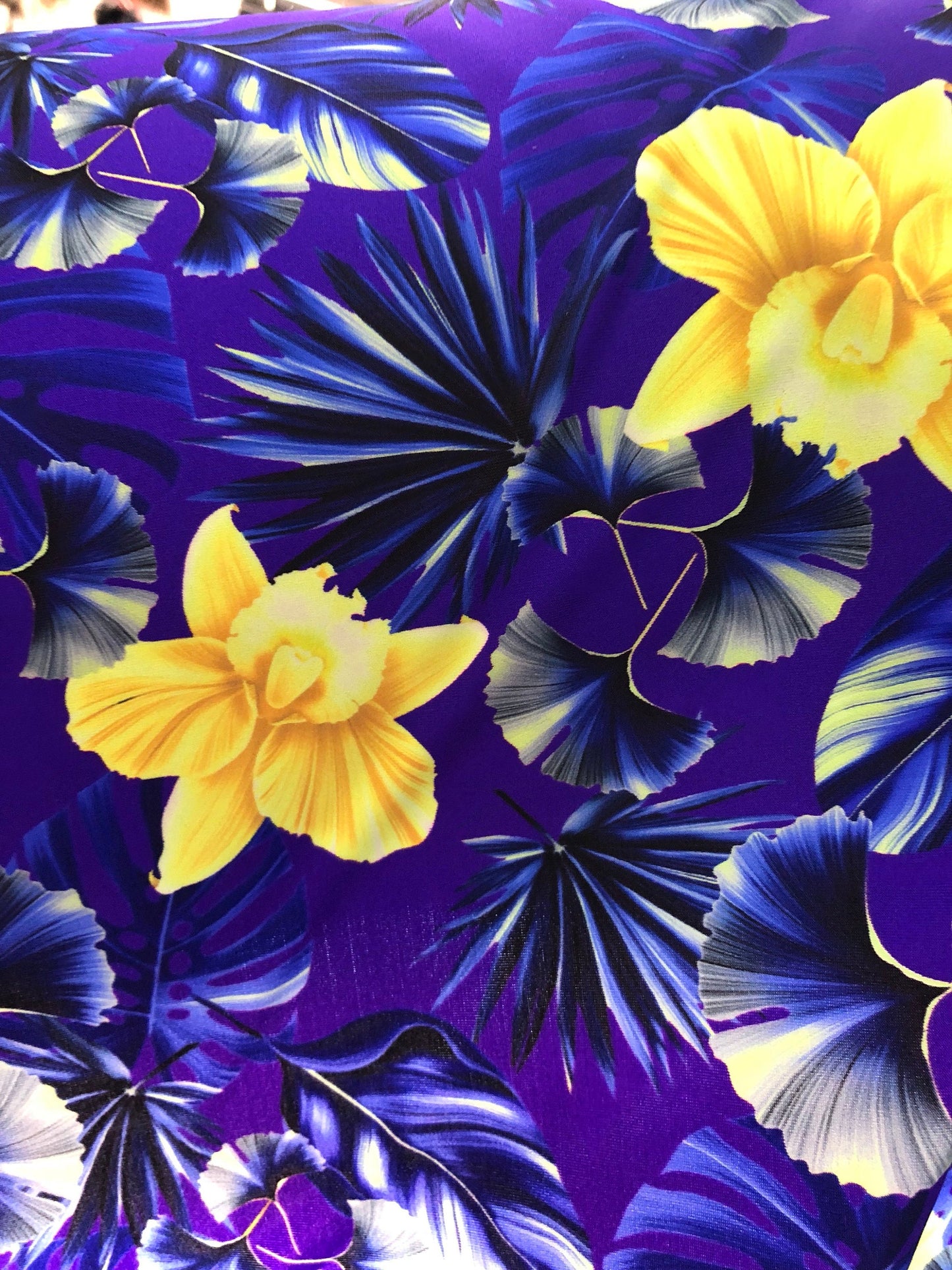 New Nylon spandex print hawaii design purple/yellow 4way Stretch 58/60" Sold by the YD. Ships Worldwide from Los Angeles California USA