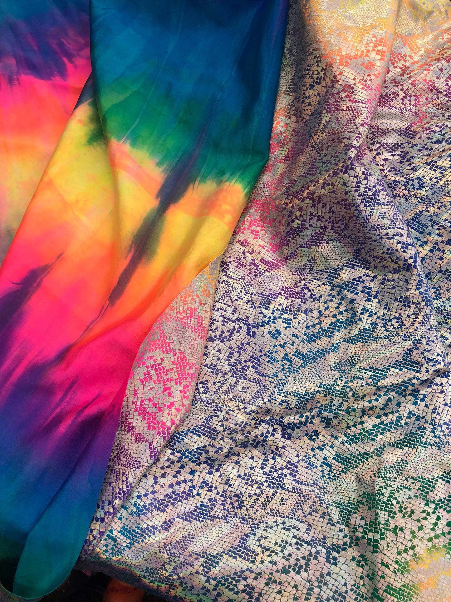 New metallic nylon spandex tie dye iridescent snake foil 4way stretch 58/60" Sold by the YD. Ships worldwide from Los Angeles California USA