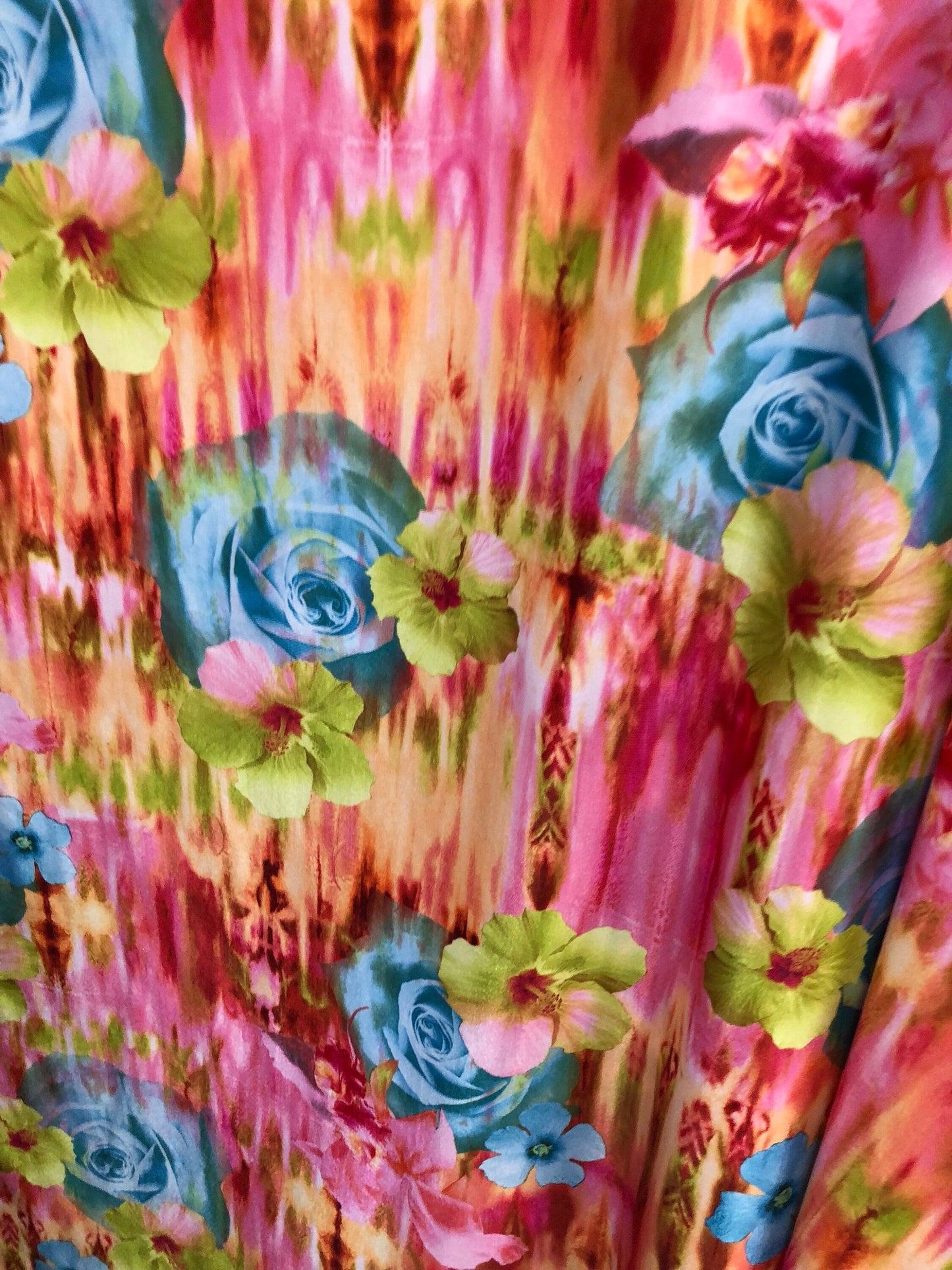 New print heavy nylon spandex Rose design multicolor 4way stretch 58/60" Sold by the YD. Ships worldwide from Los Angeles California USA.