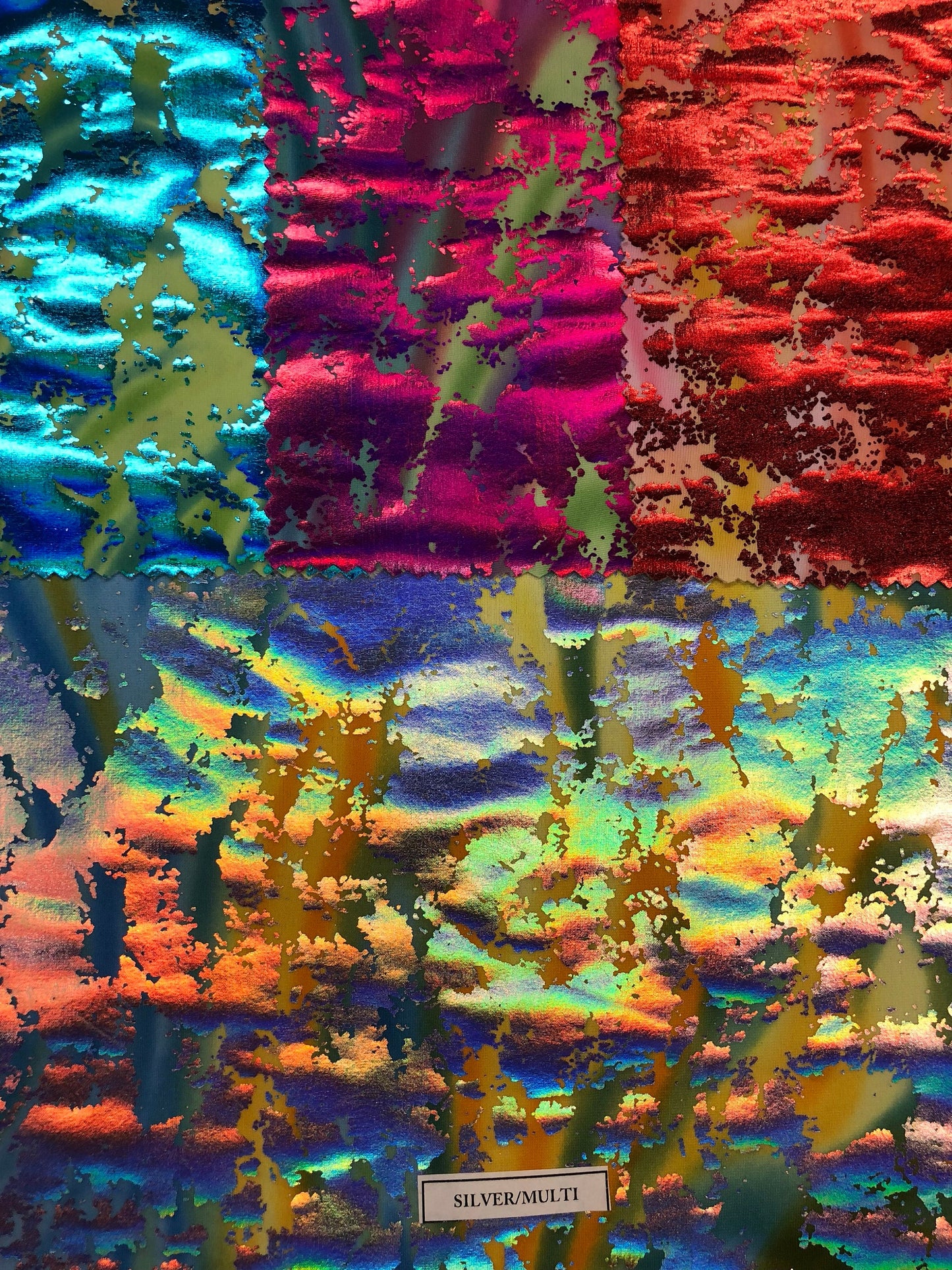 Lava print with iridescent foil on nylon spandex 4way stretch 58/60" Sold by the YD. Ships worldwide from Los Angeles California USA.