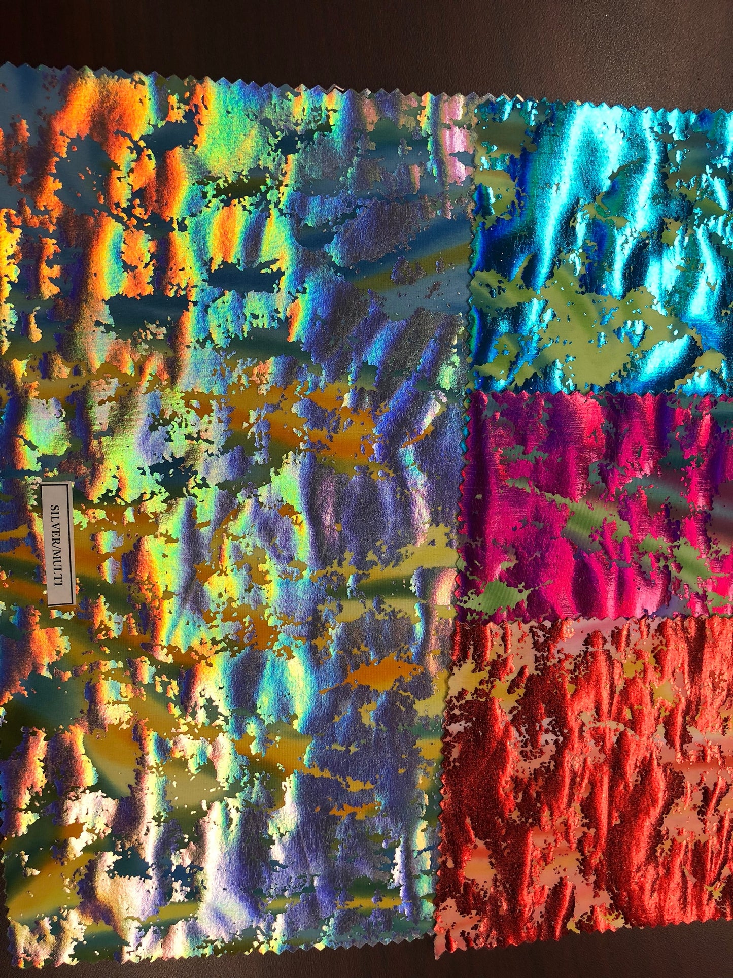 Lava print with iridescent foil on nylon spandex 4way stretch 58/60" Sold by the YD. Ships worldwide from Los Angeles California USA.