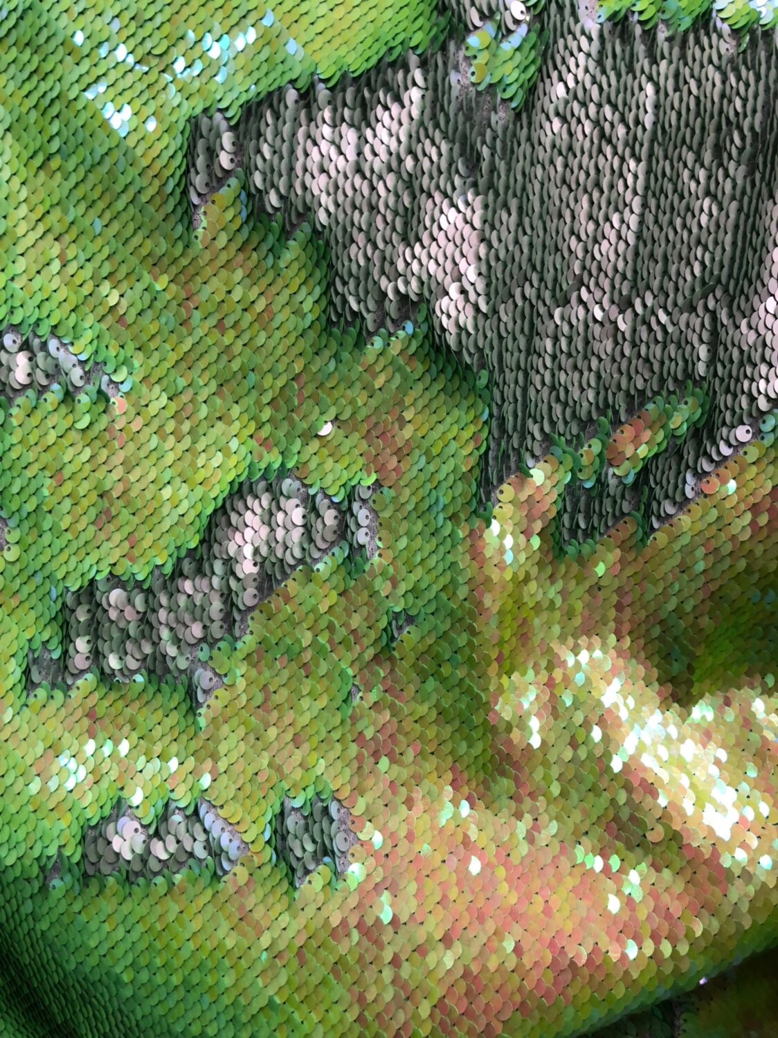 Mermaid sequins lime/silver reversible 2tone sequins on stretch base 2way 58/60" Sold by the YD. Ships worldwide from Los Angeles California