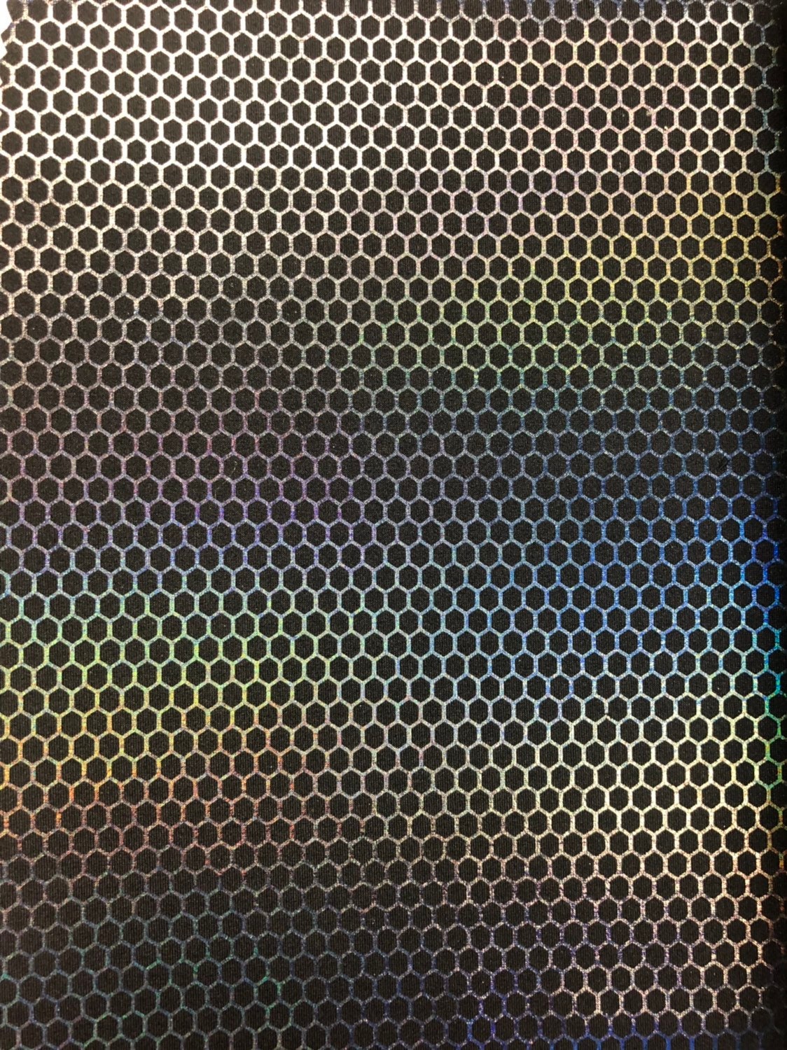 Honeycomb print hologram foil metallic nylon spandex 4way stretch 58/60" Sold by the YD. Ships worldwide from Los Angeles California USA