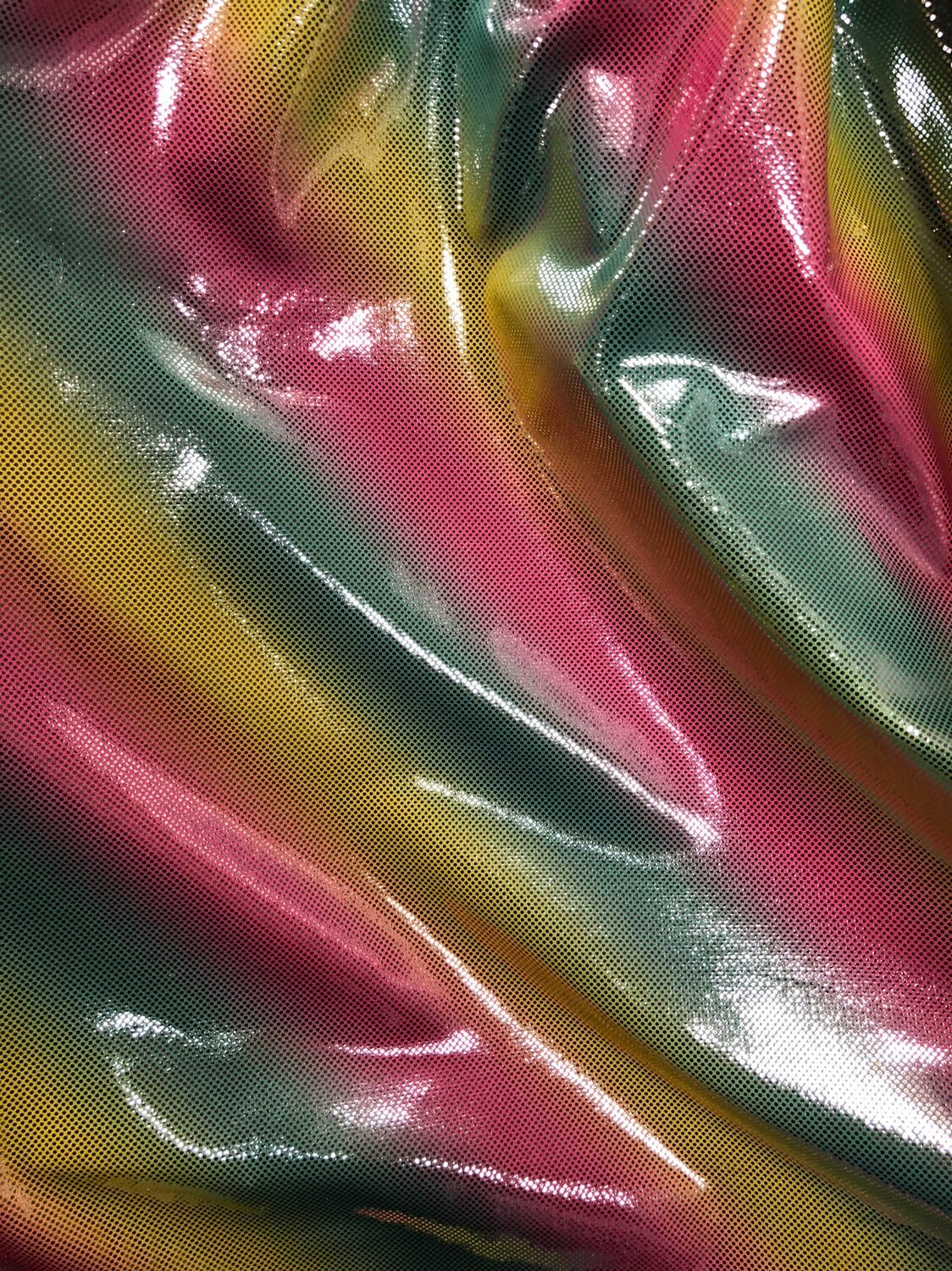 Diagonal rainbow design metallic nylon spandex with silver dots 4way stretch 58/60" Sold by the YD. Ships worldwide from Los Angeles CA USA.