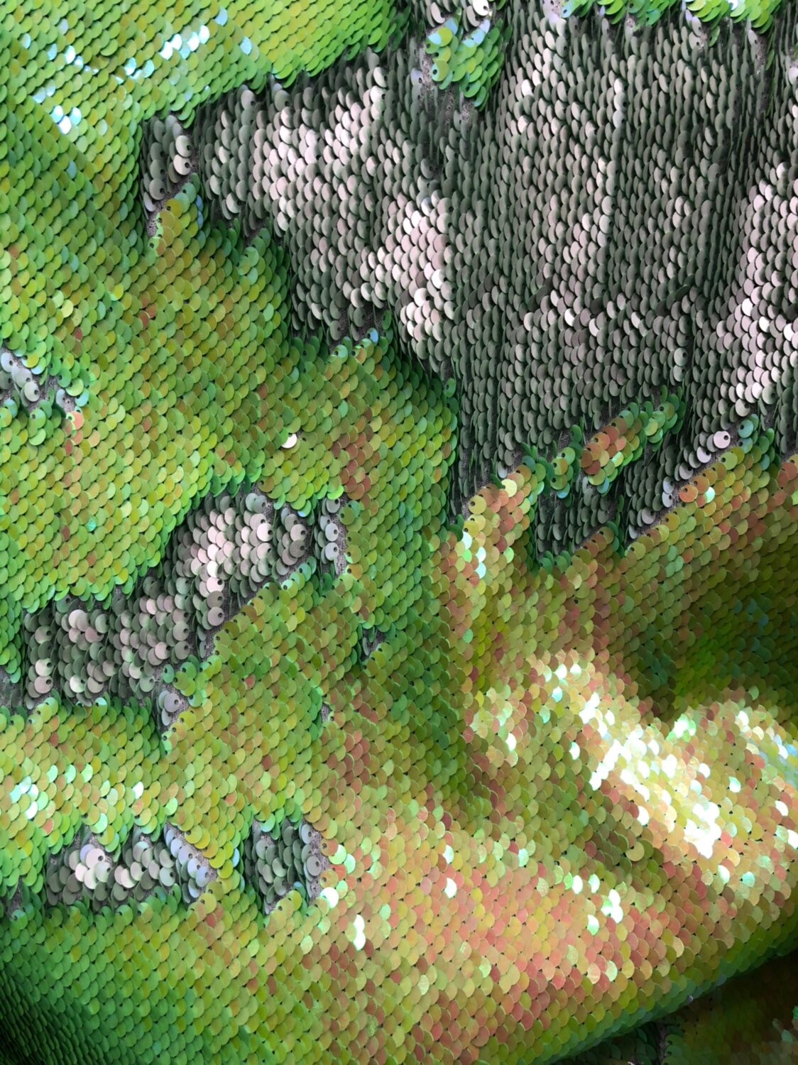 Mermaid sequins lime/silver reversible 2tone sequins on stretch base 2way 58/60" Sold by the YD. Ships worldwide from Los Angeles California