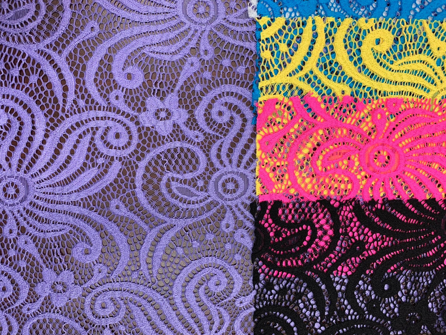 New lace swirl design nylon spandex 4way stretch 58/60" Sold by the YD. Ships worldwide from Los Angeles California USA.