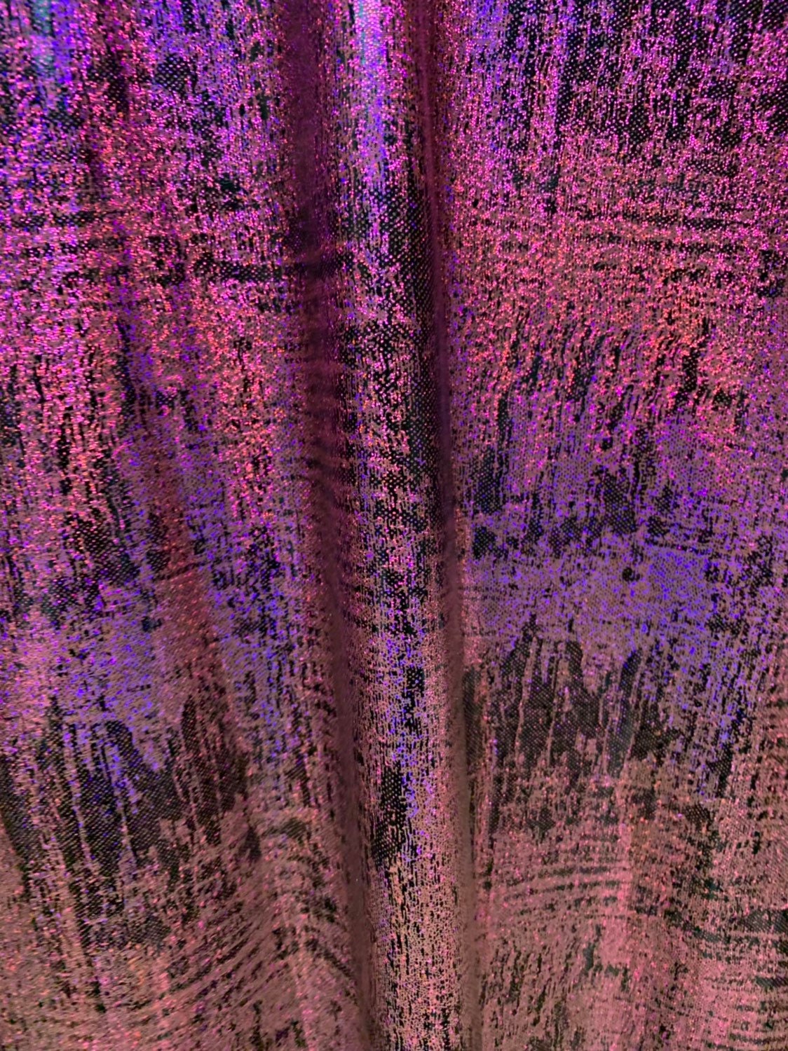 Splash hologram foil design brown/fuschia nylon spandex 4way stretch 58/60" Sold by the YD. Ships worldwide from Los Angeles CA USA.