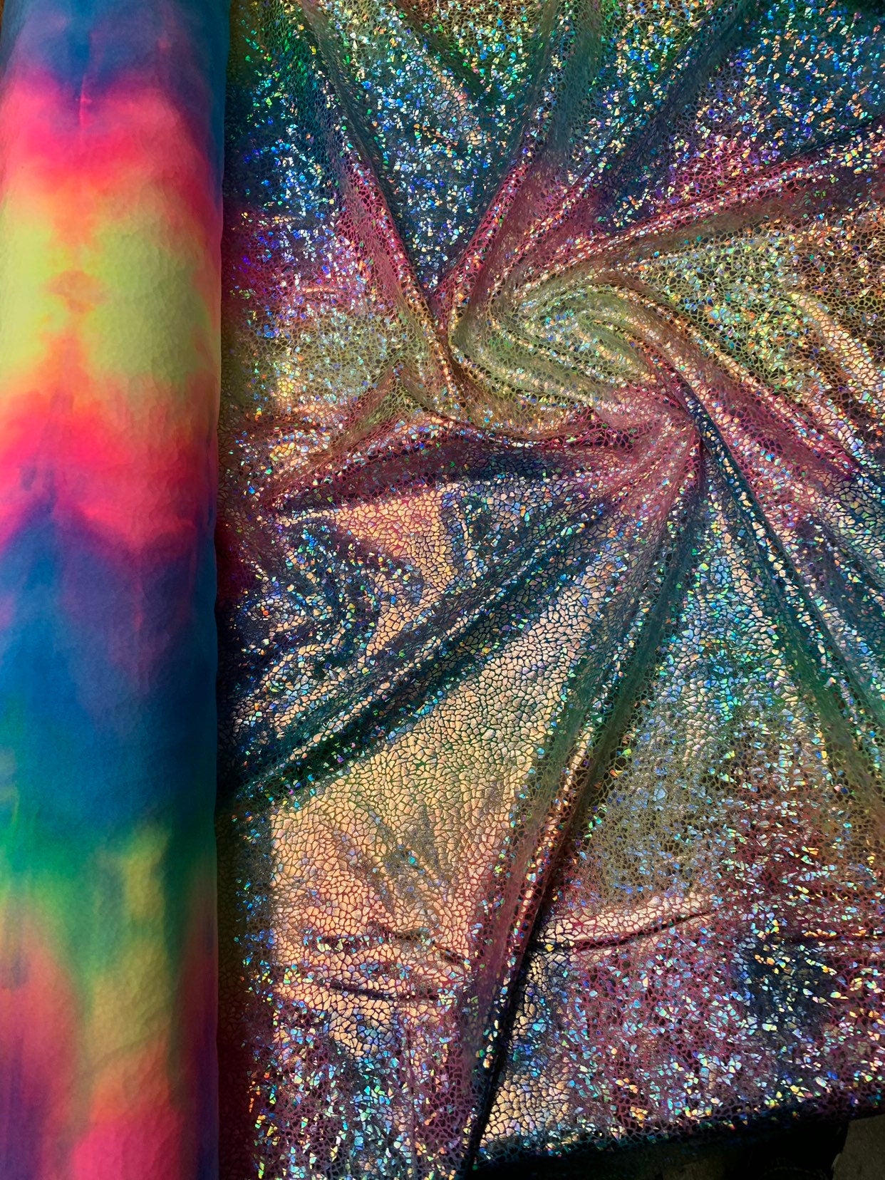 Unicorn rainbow metallic nylon spandex silver reptile print 4way stretch 58/60" Sold by the YD. Ships worldwide from Los Angeles California.