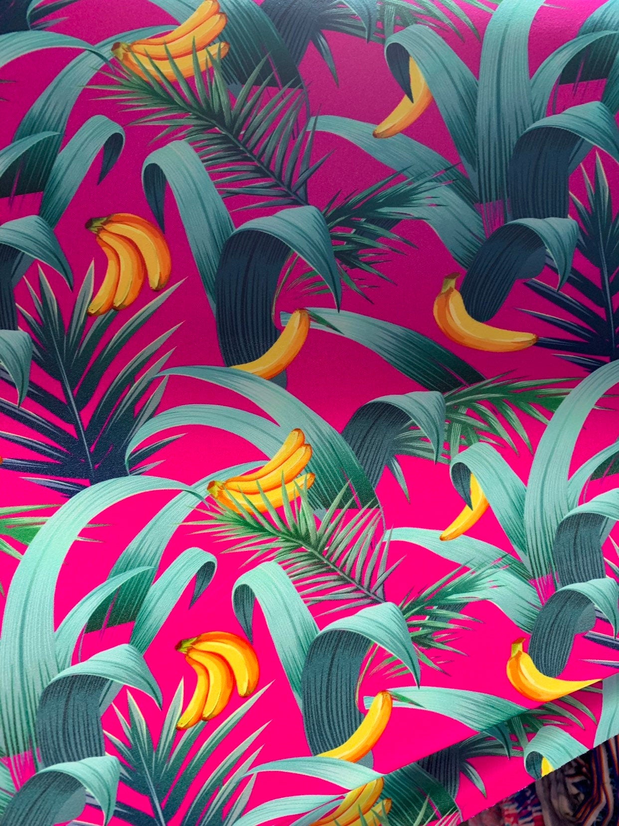 New heavy print nylon spandex tropical banana design 4way stretch 58/60" Sold by the YD. Ships worldwide from Los Angeles California USA.