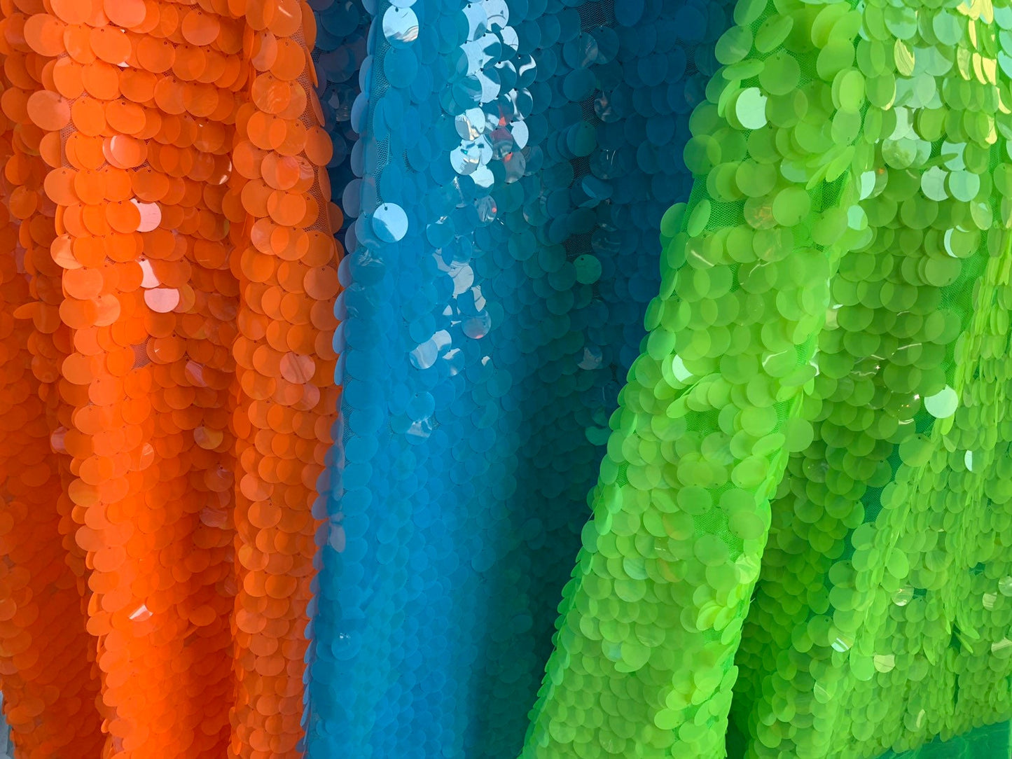 New neon colors paillette sequins 20mm shining seq on stretch mesh base 2way 58/60" Sold by the YD. Ships worldwide from Los Angeles CA USA.