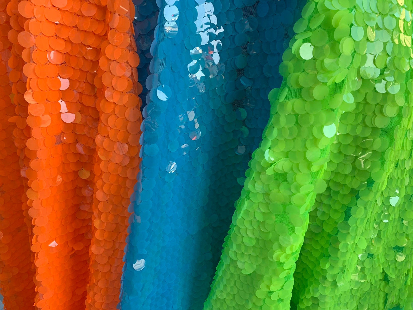 New neon colors paillette sequins 20mm shining seq on stretch mesh base 2way 58/60" Sold by the YD. Ships worldwide from Los Angeles CA USA.