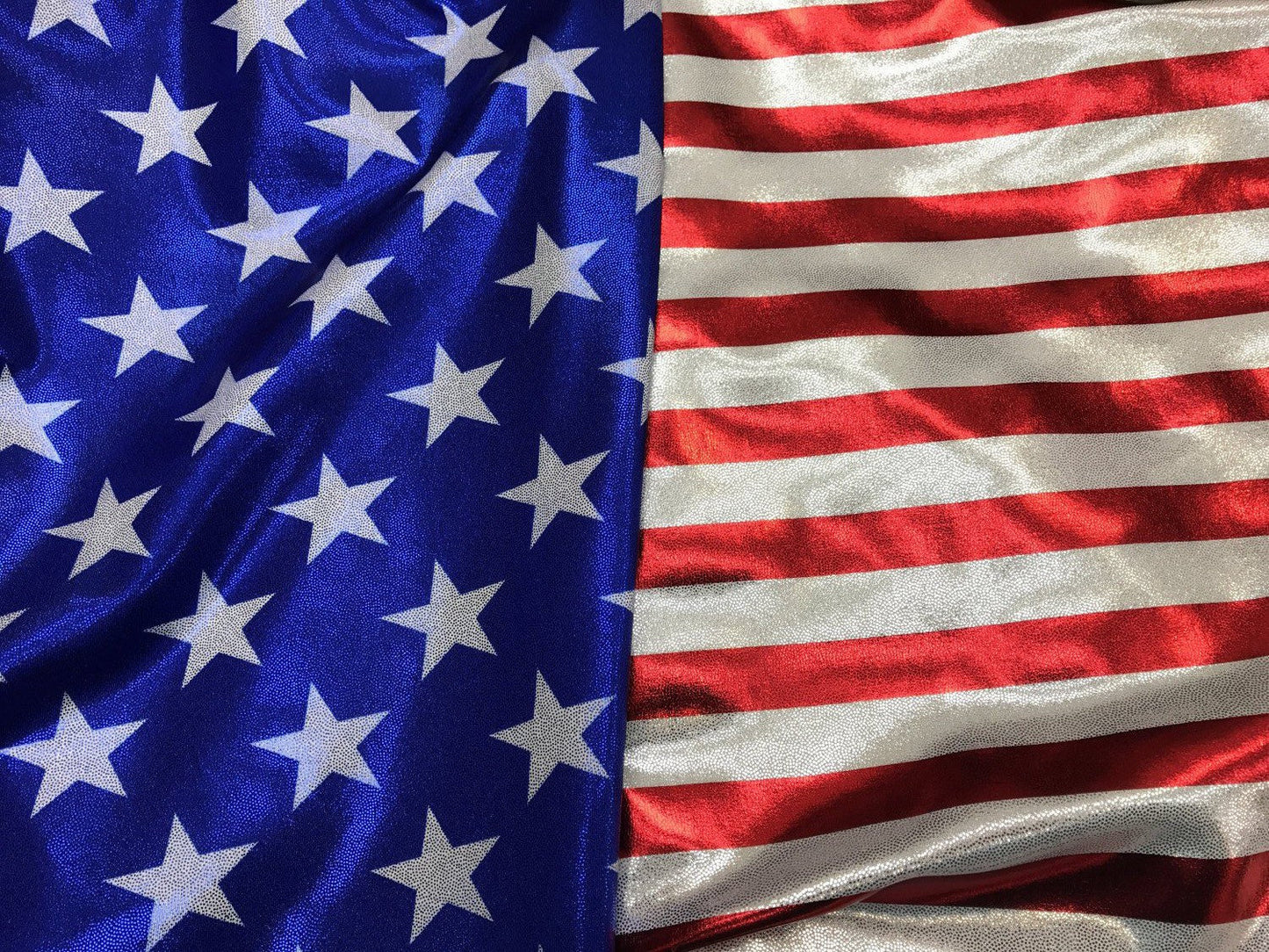 Metallic mystique fabric STARS & STRIPES design with foggy foil 4way nylon spandex 58/60" sold by the yd. Ships worldwide from Los Angeles