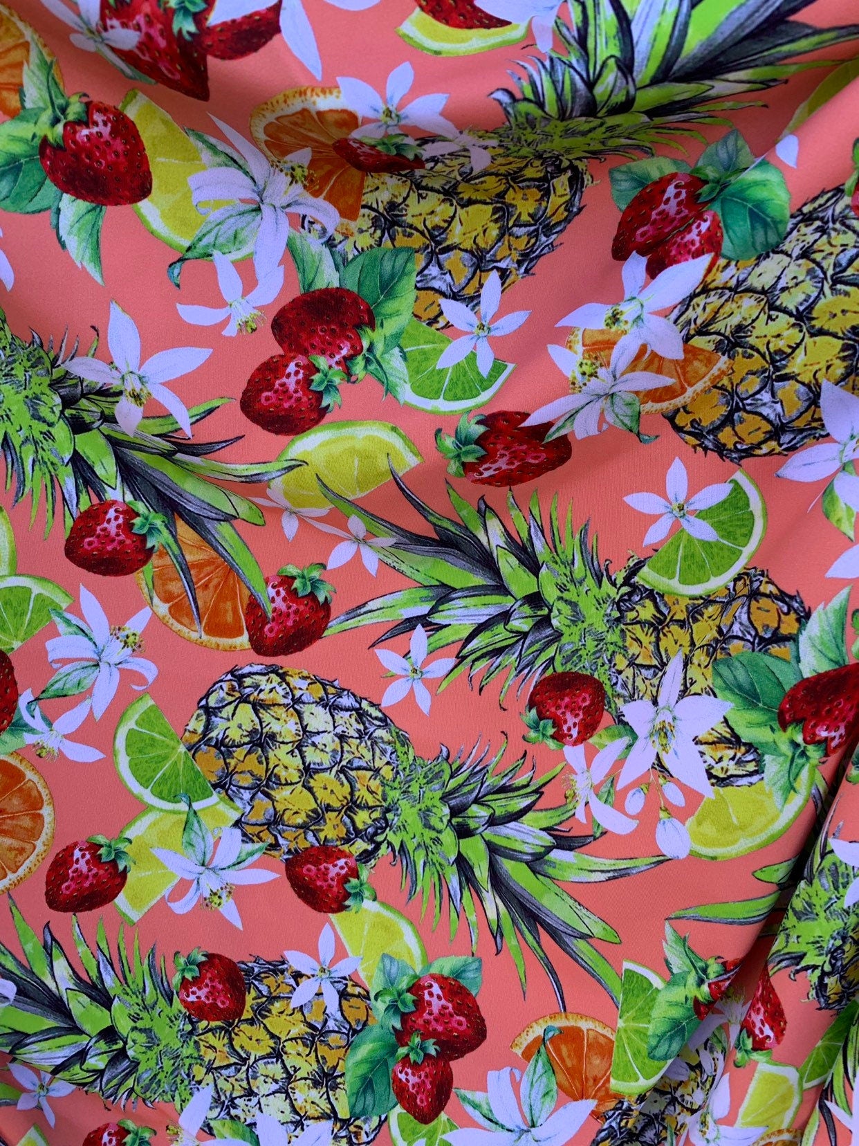 New multi fruits design print in heavy nylon spandex 4way stretch 58/60" Sold by the YD. Ships worldwide from Los Angeles California USA.