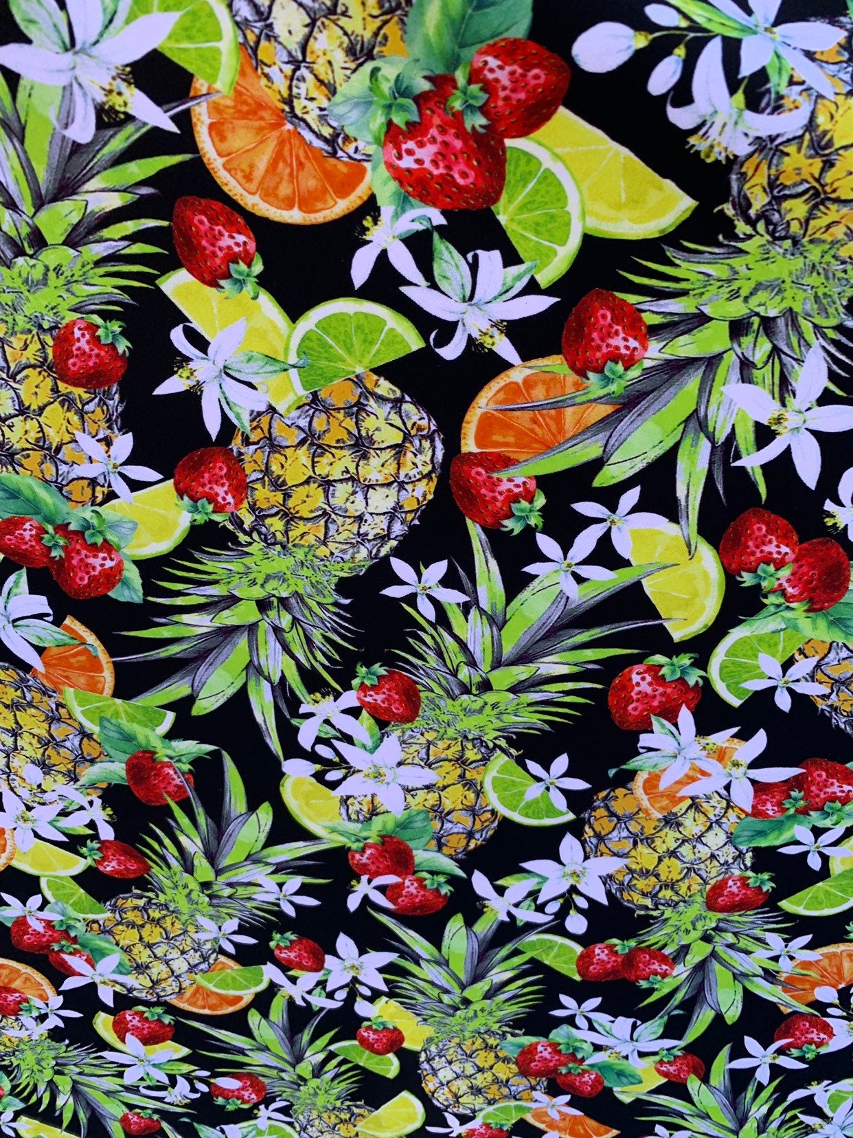 New multi fruits design print in heavy nylon spandex 4way stretch 58/60" Sold by the YD. Ships worldwide from Los Angeles California USA.